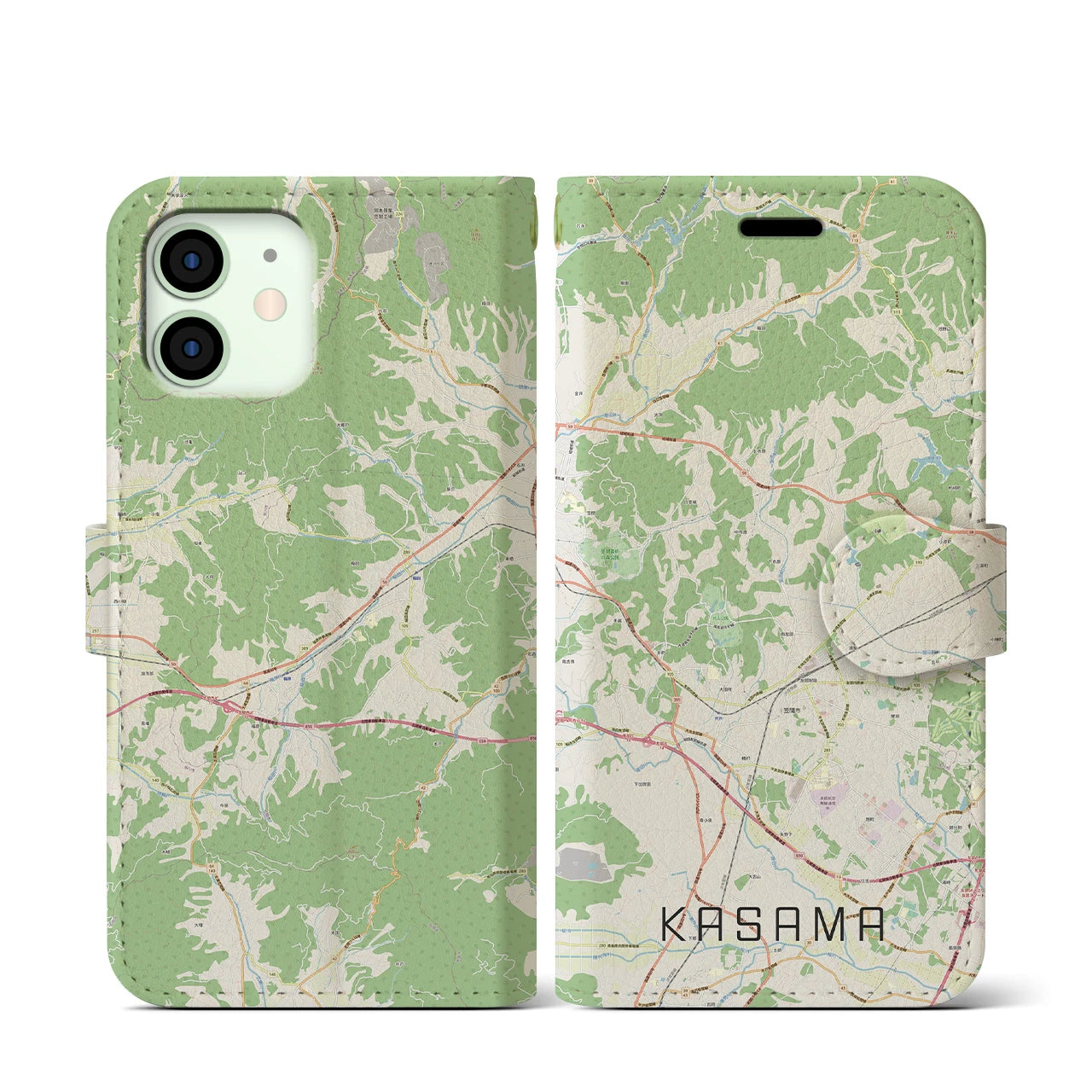【笠間(茨城県)】地図柄iPhoneケース(手帳タイプ)ナチュラル・iPhone 12 mini 用