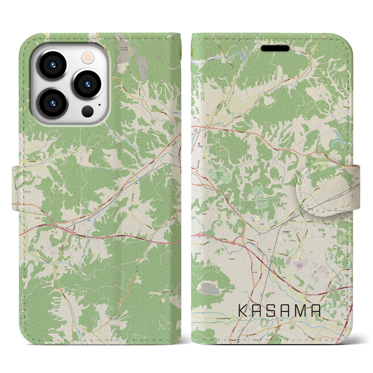 【笠間(茨城県)】地図柄iPhoneケース(手帳タイプ)ナチュラル・iPhone 13 Pro 用