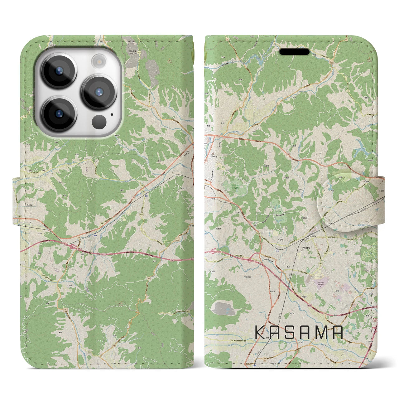 【笠間(茨城県)】地図柄iPhoneケース(手帳タイプ)ナチュラル・iPhone 14 Pro 用