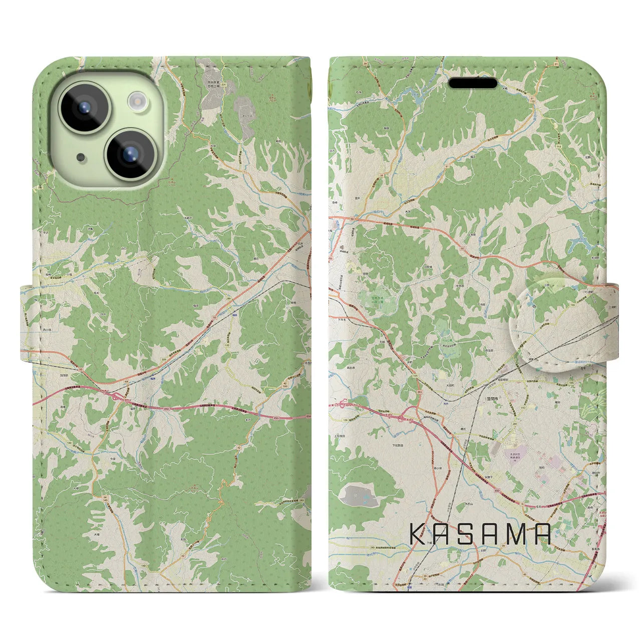 【笠間(茨城県)】地図柄iPhoneケース(手帳タイプ)ナチュラル・iPhone 15 用