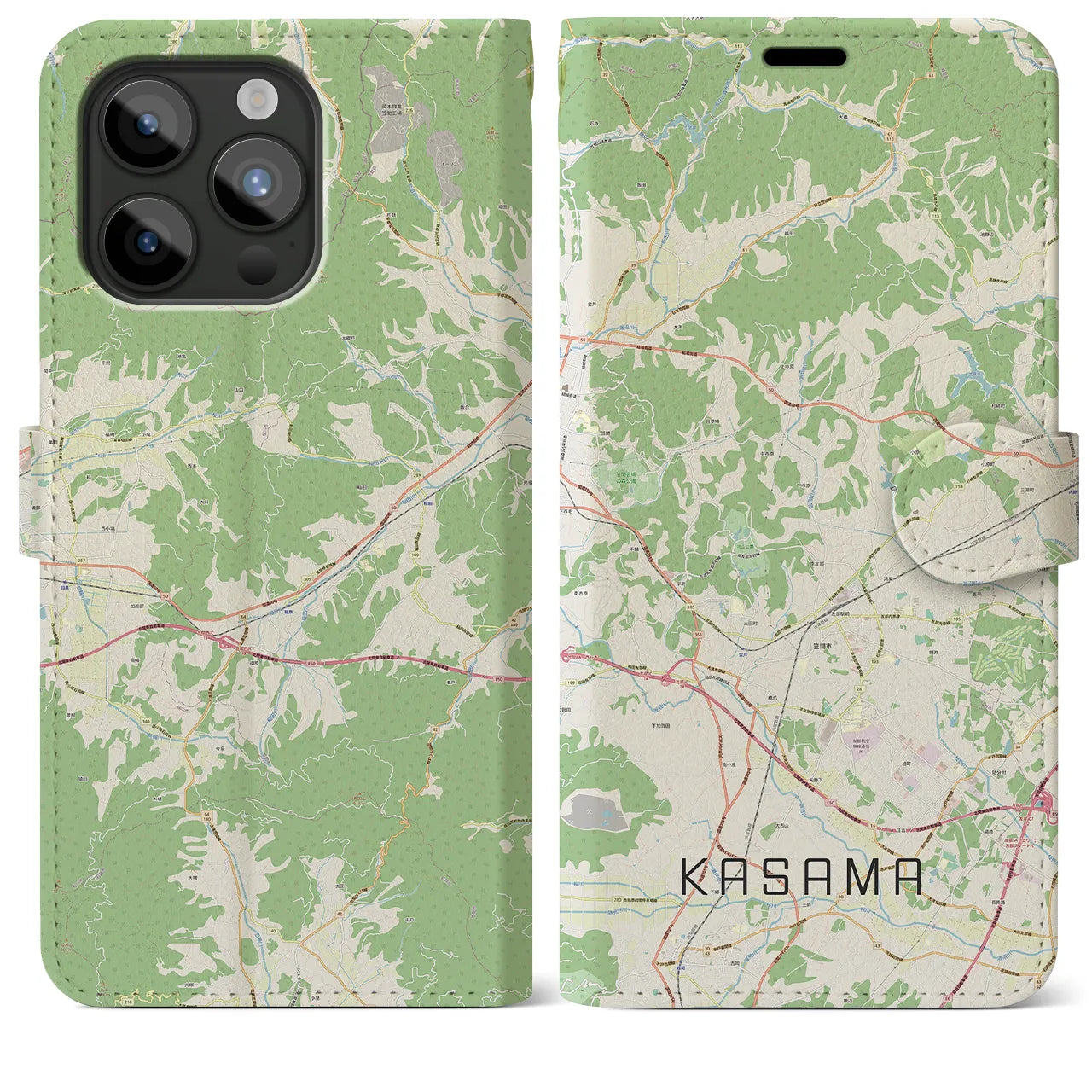 【笠間(茨城県)】地図柄iPhoneケース(手帳タイプ)ナチュラル・iPhone 15 Pro Max 用