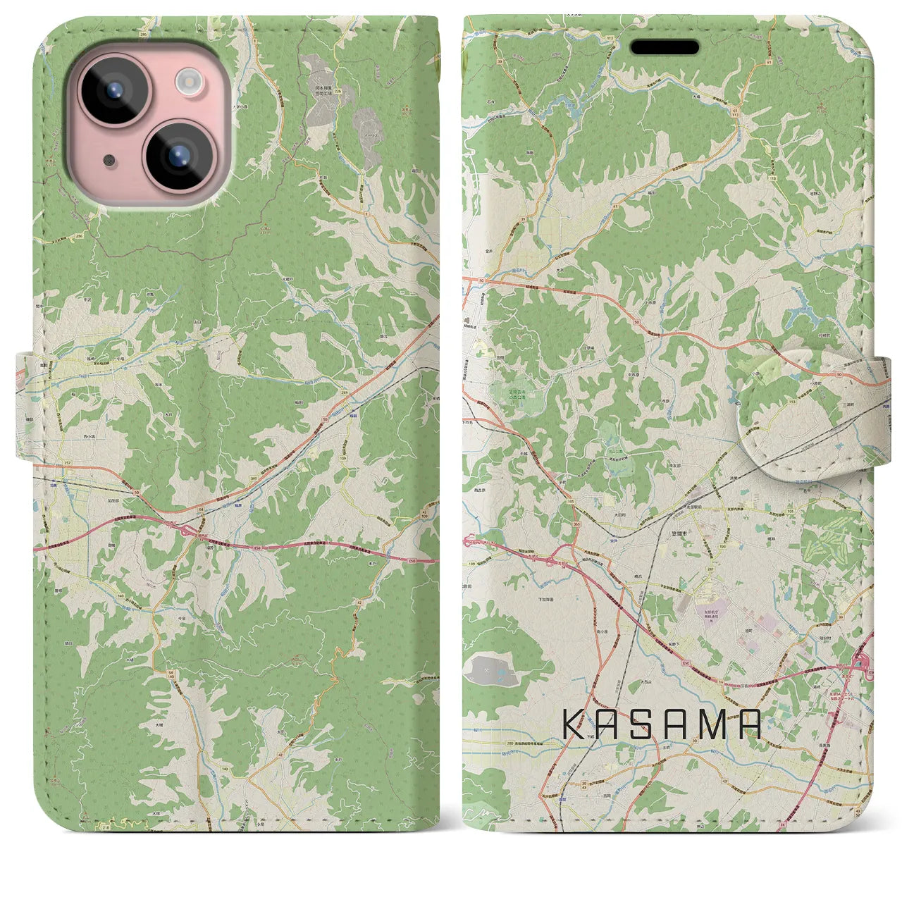 【笠間(茨城県)】地図柄iPhoneケース(手帳タイプ)ナチュラル・iPhone 15 Plus 用
