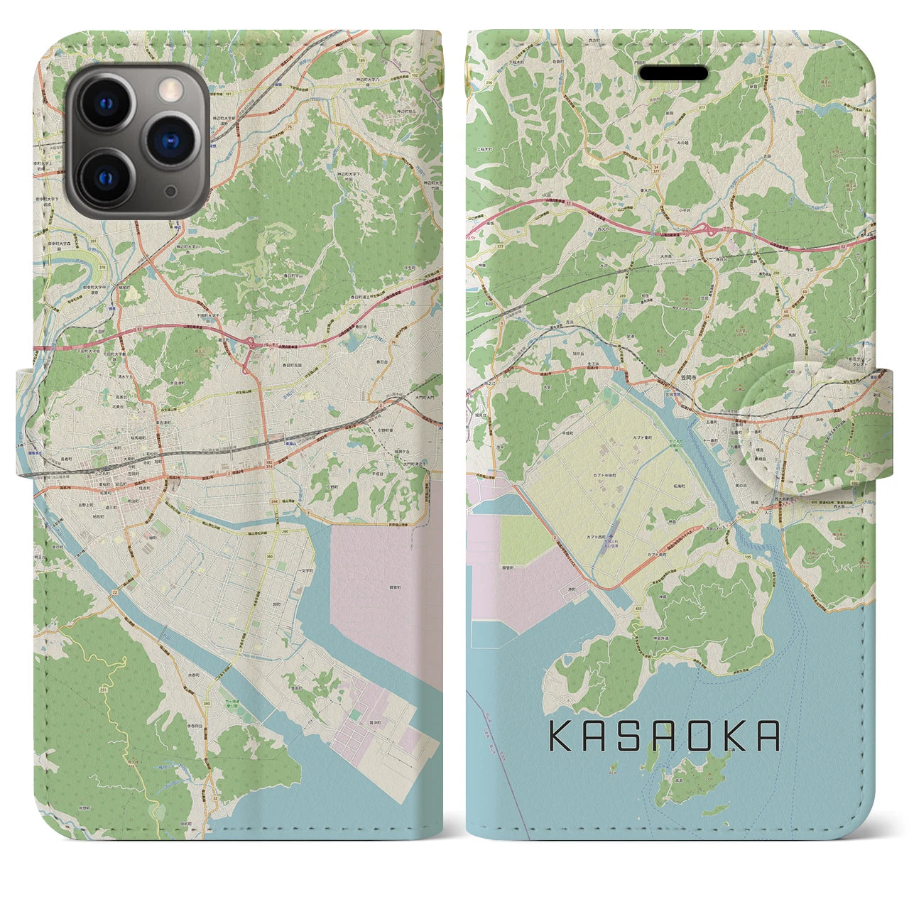【笠岡(岡山県)】地図柄iPhoneケース(手帳タイプ)ナチュラル・iPhone 11 Pro Max 用