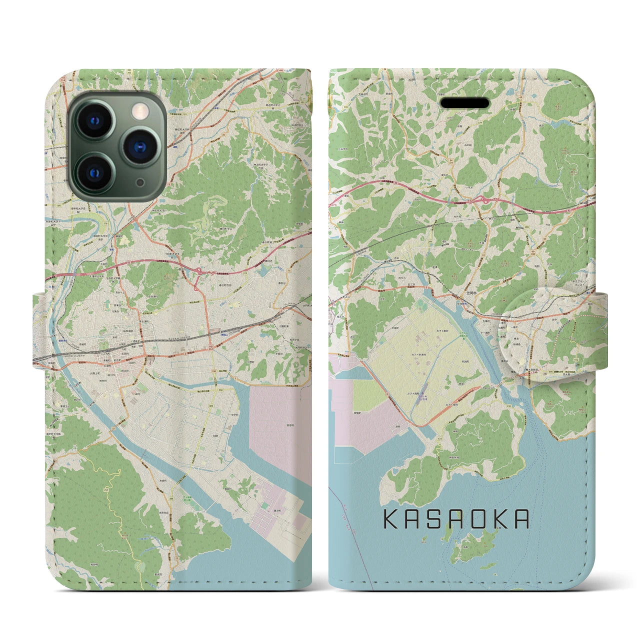 【笠岡(岡山県)】地図柄iPhoneケース(手帳タイプ)ナチュラル・iPhone 11 Pro 用
