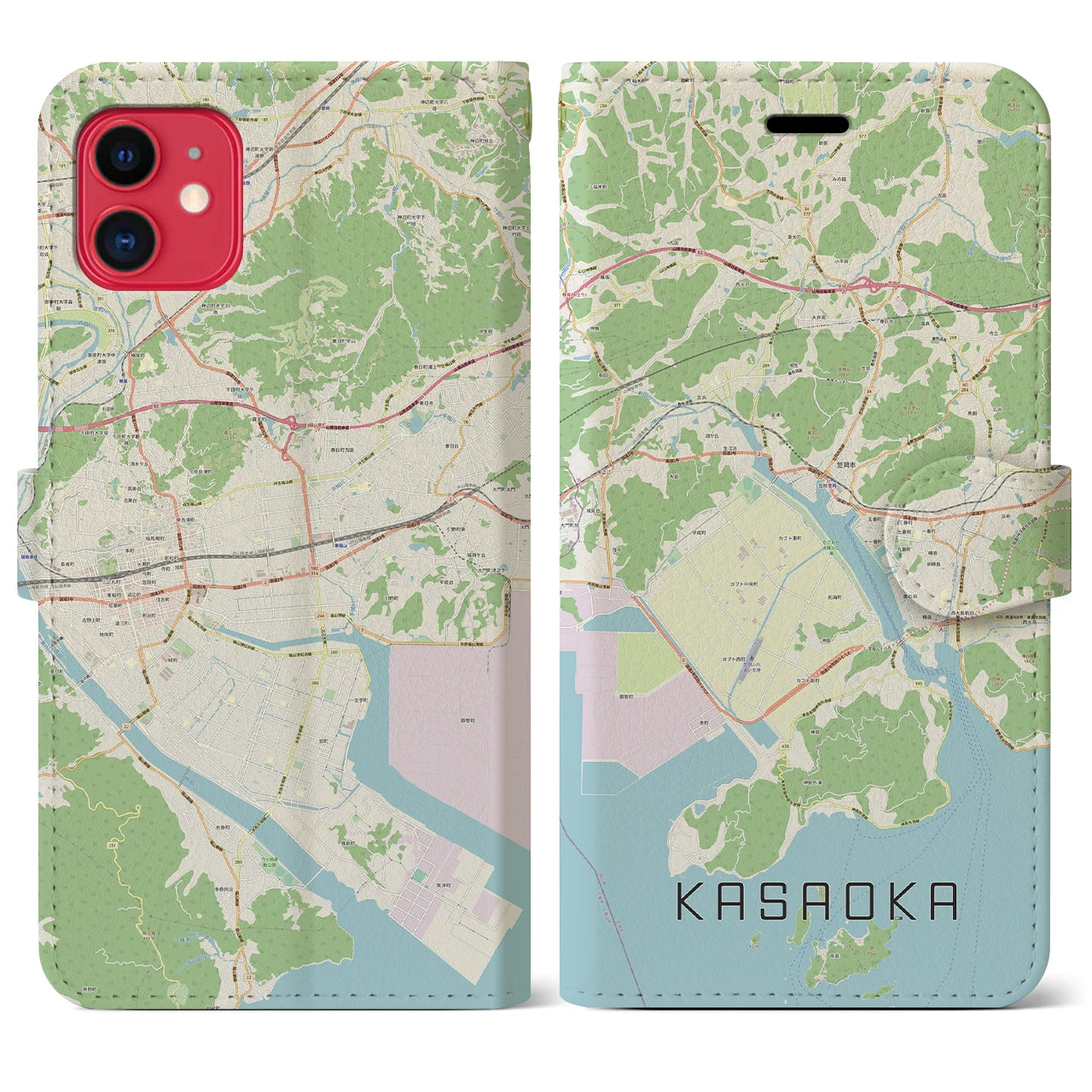 【笠岡(岡山県)】地図柄iPhoneケース(手帳タイプ)ナチュラル・iPhone 11 用