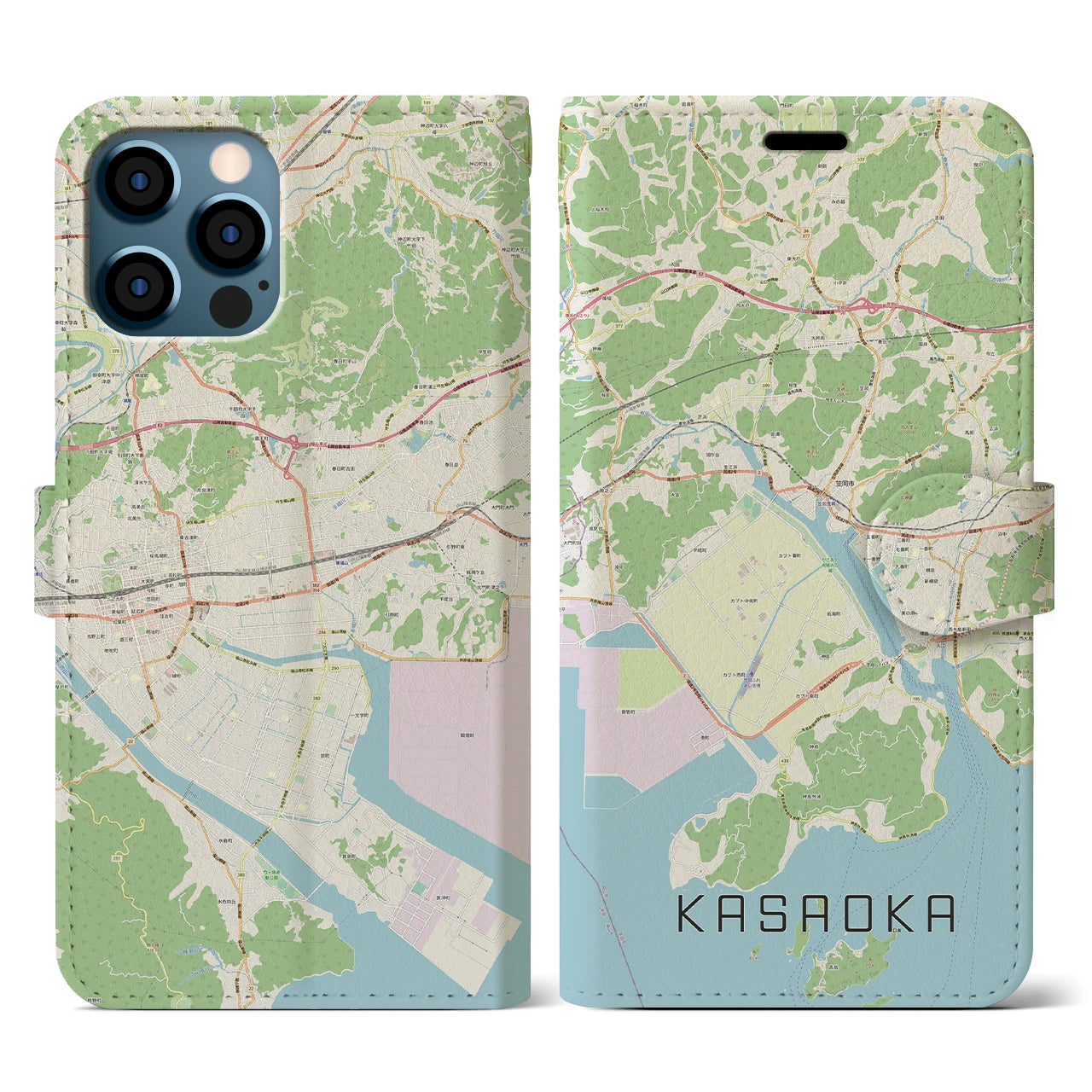 【笠岡(岡山県)】地図柄iPhoneケース(手帳タイプ)ナチュラル・iPhone 12 / 12 Pro 用