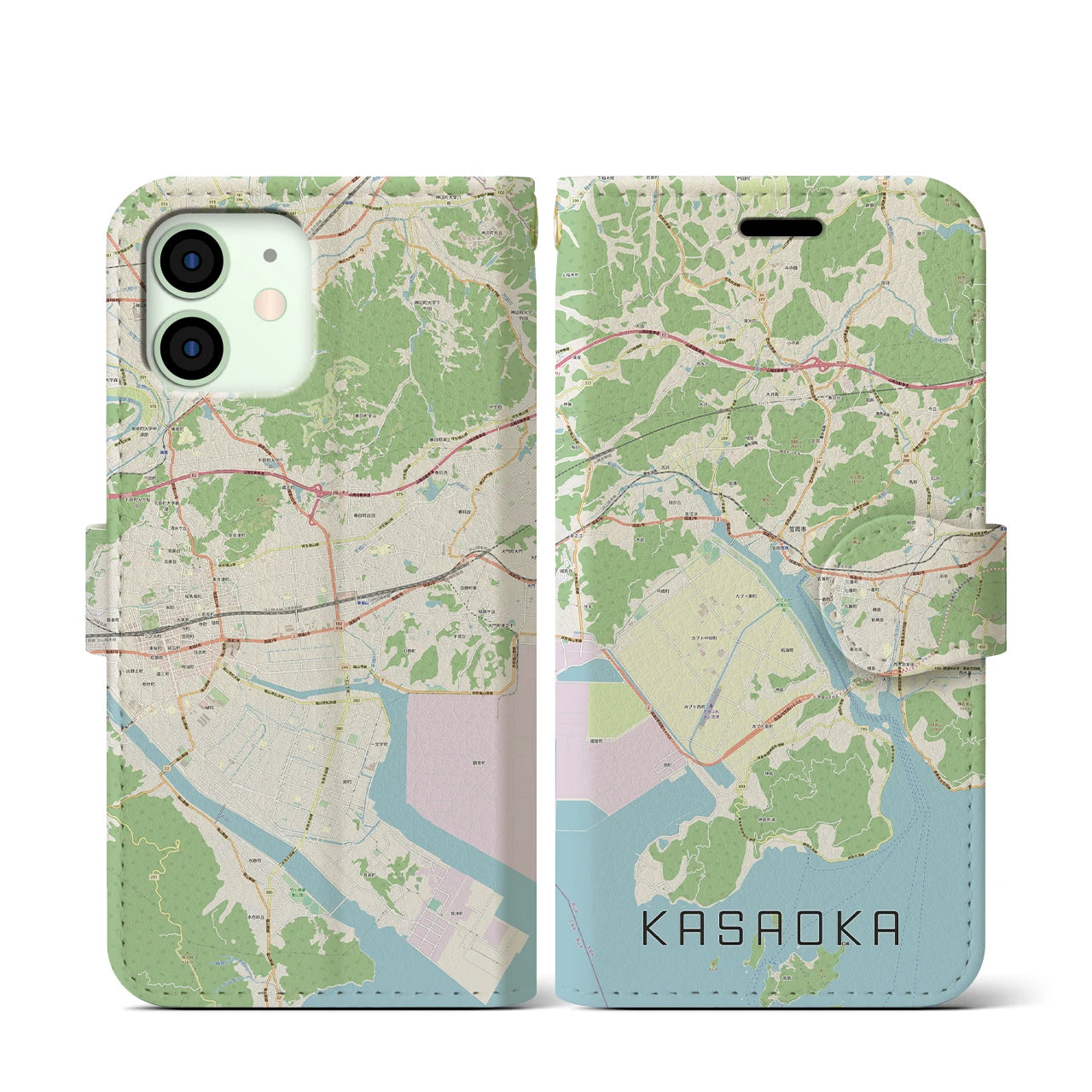 【笠岡(岡山県)】地図柄iPhoneケース(手帳タイプ)ナチュラル・iPhone 12 mini 用