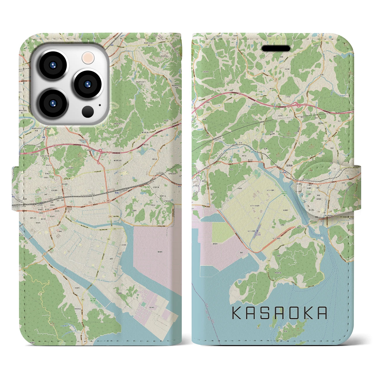 【笠岡(岡山県)】地図柄iPhoneケース(手帳タイプ)ナチュラル・iPhone 13 Pro 用