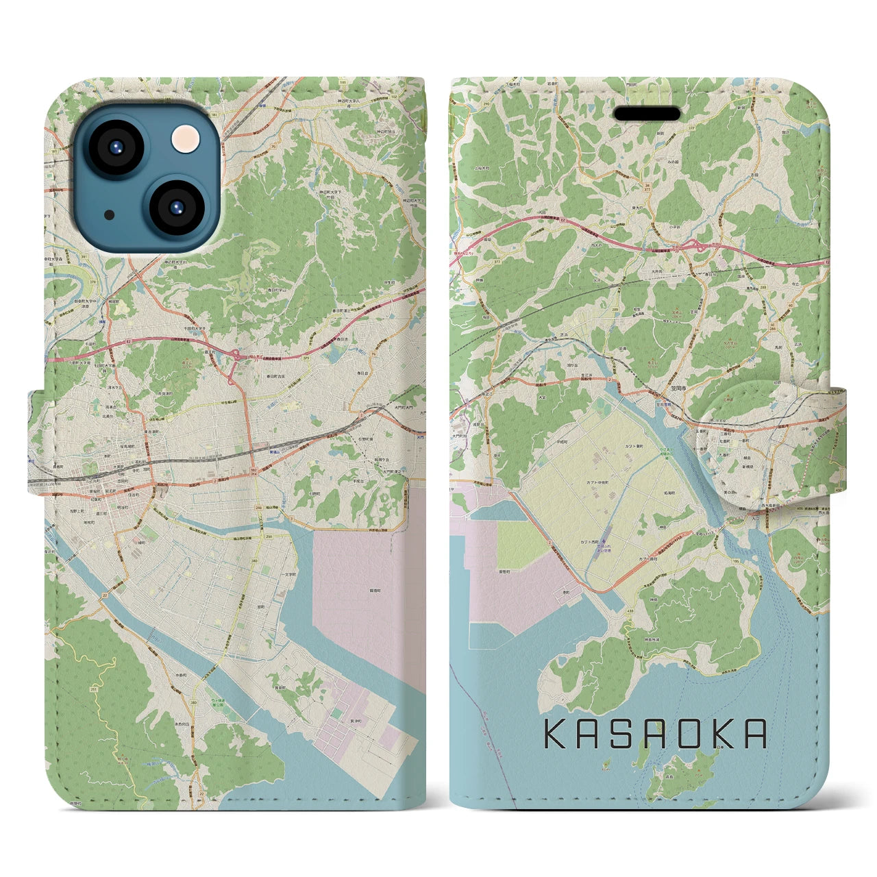 【笠岡(岡山県)】地図柄iPhoneケース(手帳タイプ)ナチュラル・iPhone 13 用