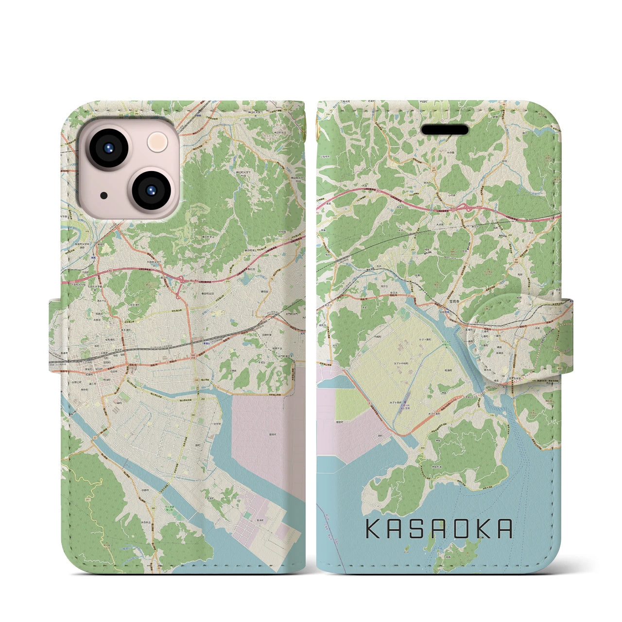 【笠岡(岡山県)】地図柄iPhoneケース(手帳タイプ)ナチュラル・iPhone 13 mini 用