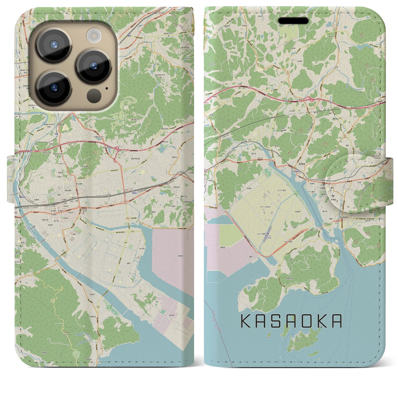 【笠岡(岡山県)】地図柄iPhoneケース(手帳タイプ)ナチュラル・iPhone 14 Pro Max 用