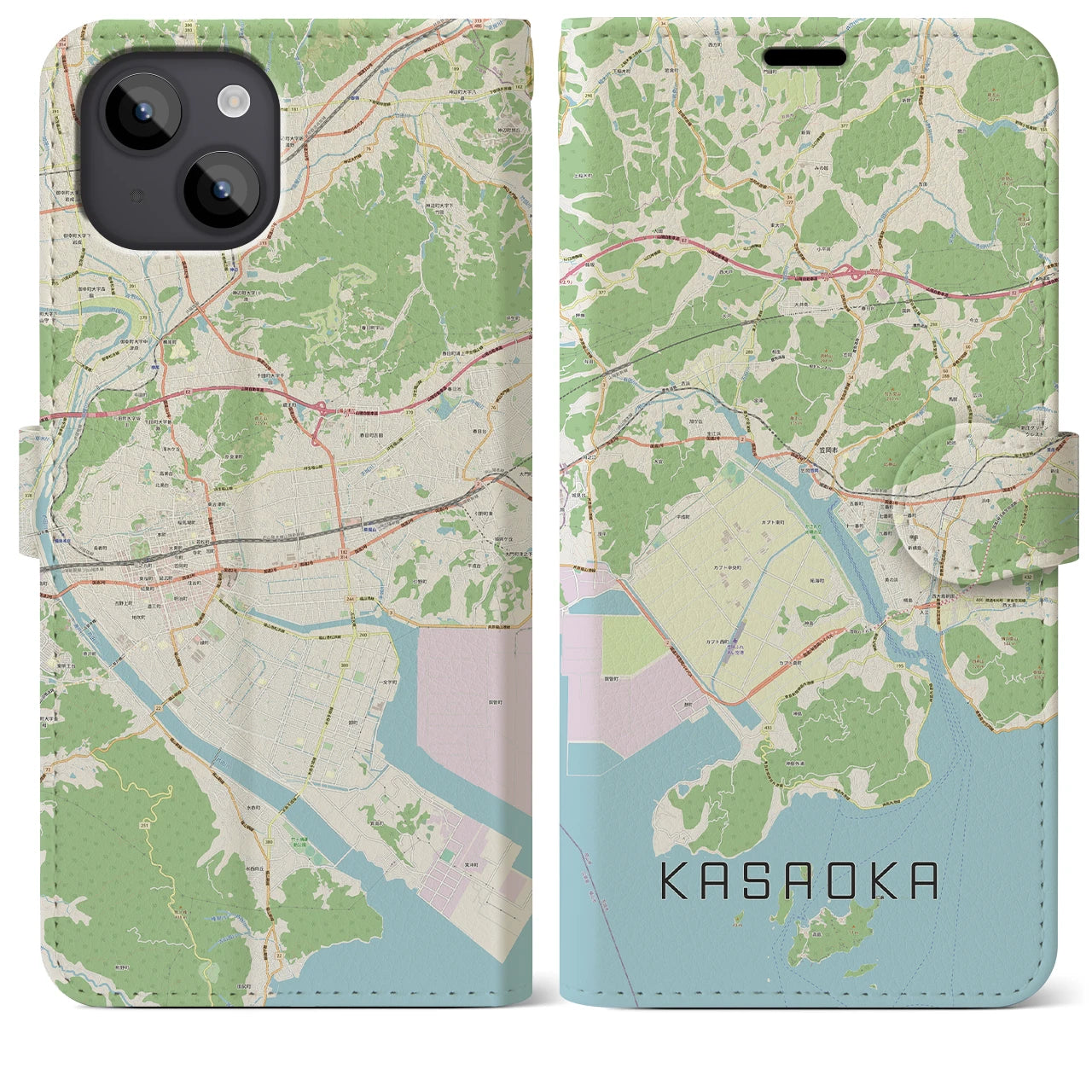 【笠岡(岡山県)】地図柄iPhoneケース(手帳タイプ)ナチュラル・iPhone 14 Plus 用