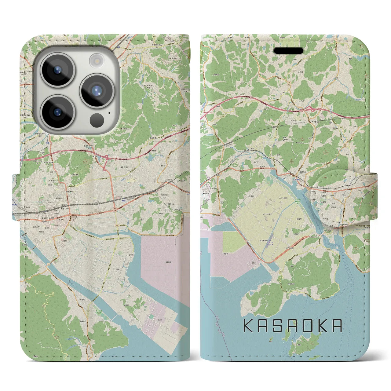 【笠岡(岡山県)】地図柄iPhoneケース(手帳タイプ)ナチュラル・iPhone 15 Pro 用