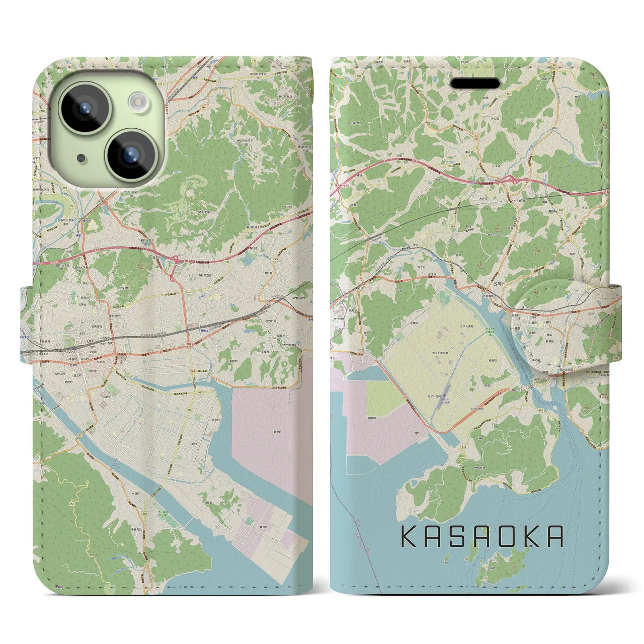 【笠岡(岡山県)】地図柄iPhoneケース(手帳タイプ)ナチュラル・iPhone 15 用