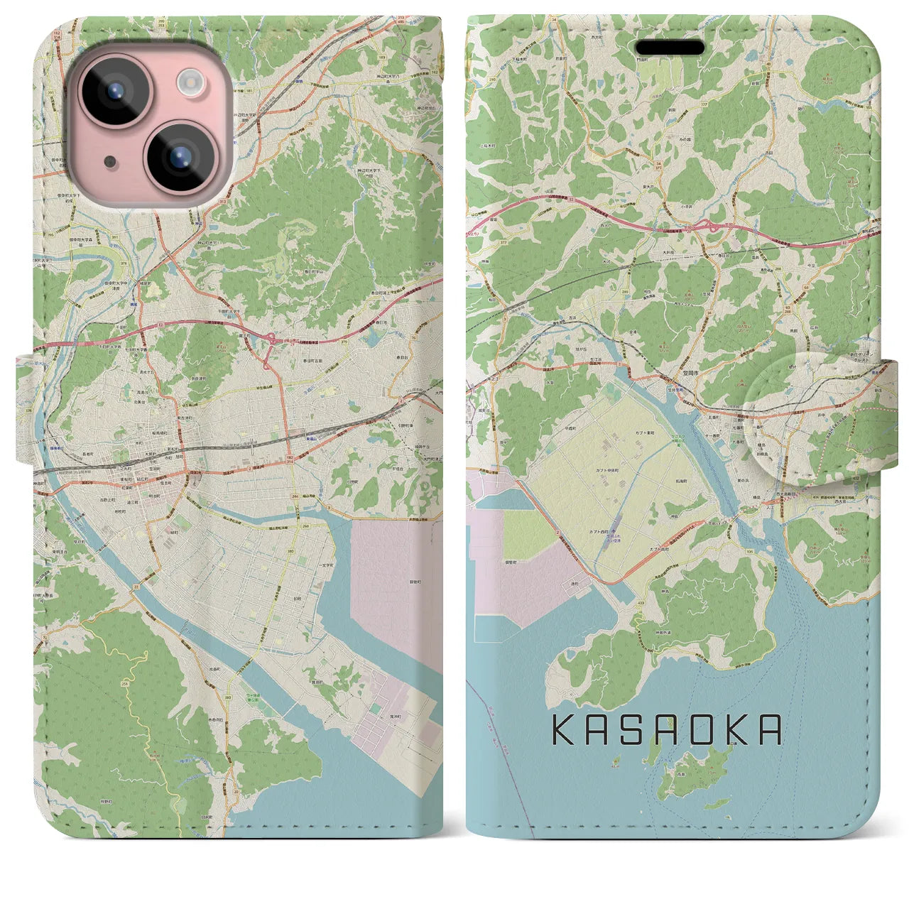 【笠岡(岡山県)】地図柄iPhoneケース(手帳タイプ)ナチュラル・iPhone 15 Plus 用
