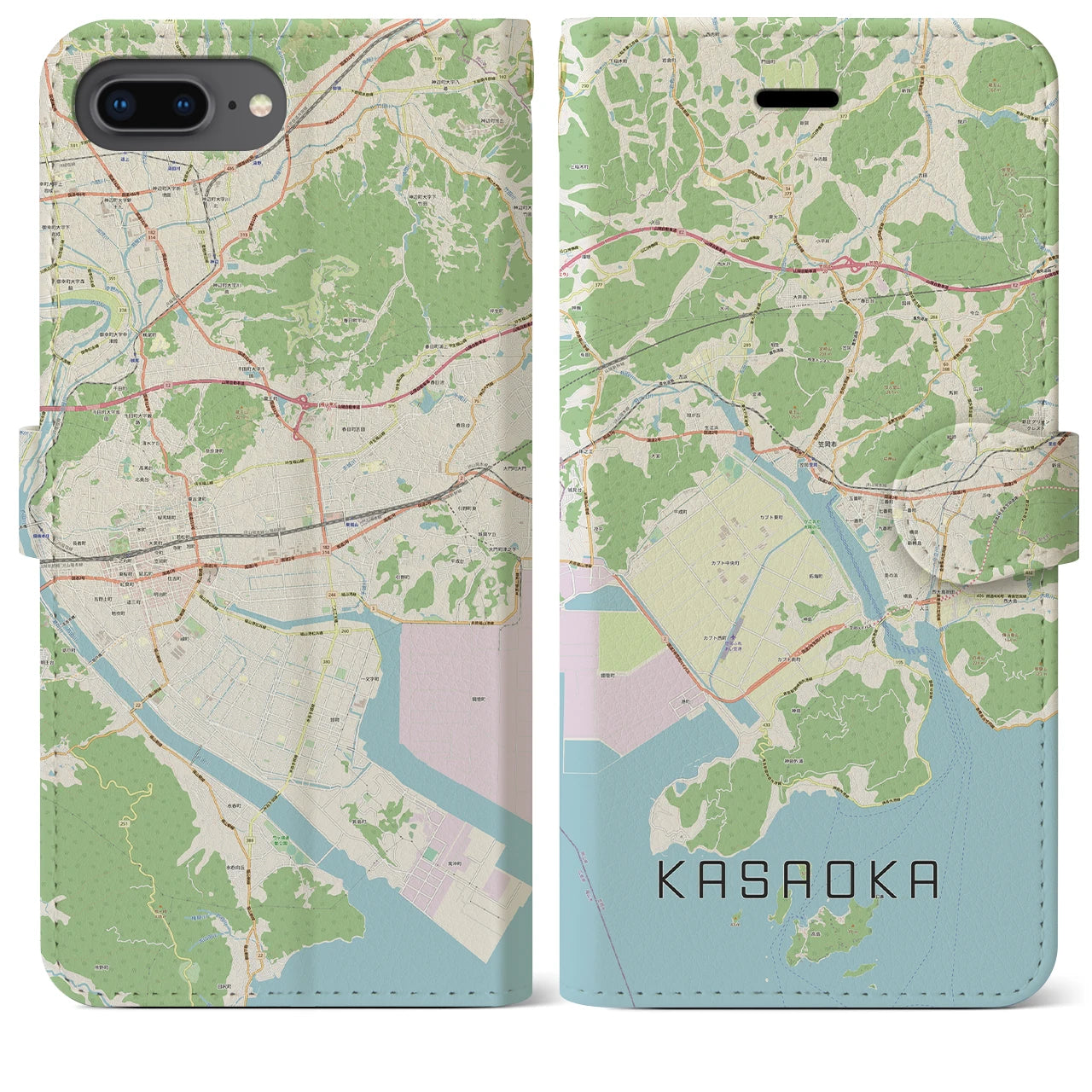 【笠岡(岡山県)】地図柄iPhoneケース(手帳タイプ)ナチュラル・iPhone 8Plus /7Plus / 6sPlus / 6Plus 用