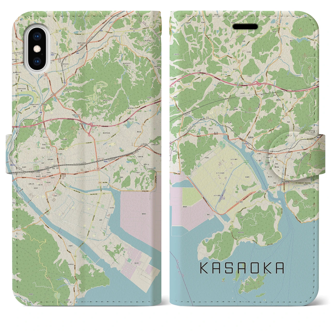 【笠岡(岡山県)】地図柄iPhoneケース(手帳タイプ)ナチュラル・iPhone XS Max 用