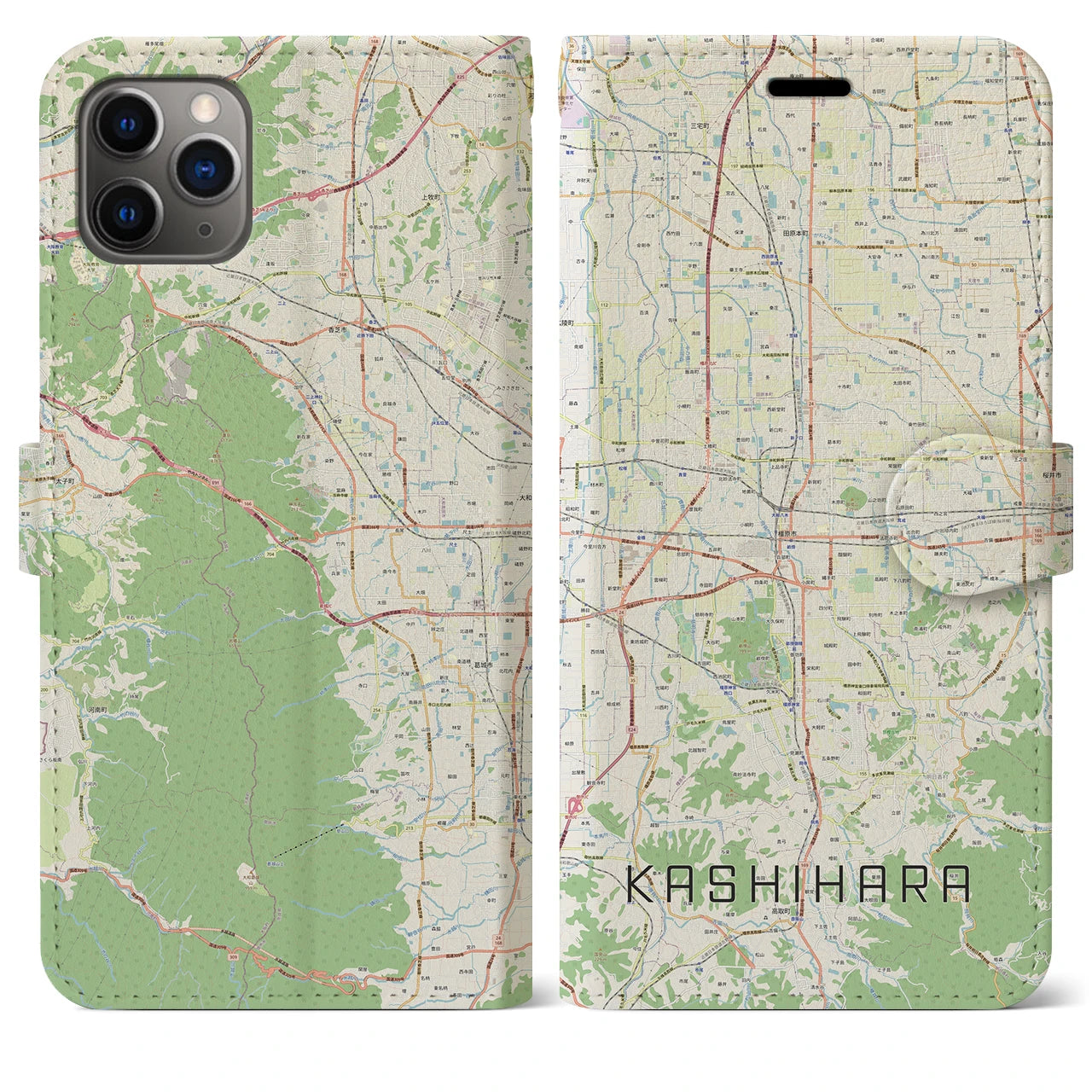 【橿原(奈良県)】地図柄iPhoneケース(手帳タイプ)ナチュラル・iPhone 11 Pro Max 用