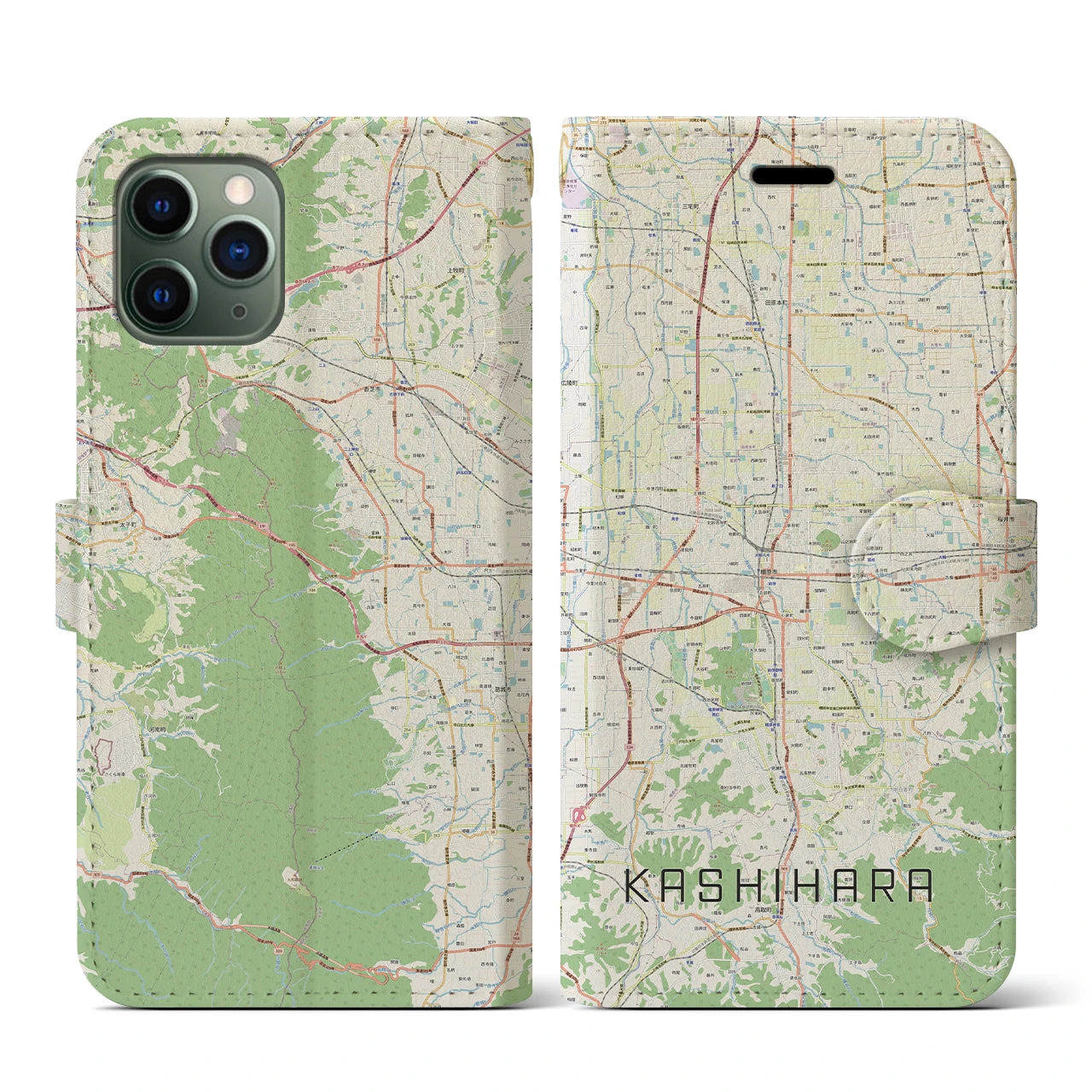 【橿原(奈良県)】地図柄iPhoneケース(手帳タイプ)ナチュラル・iPhone 11 Pro 用