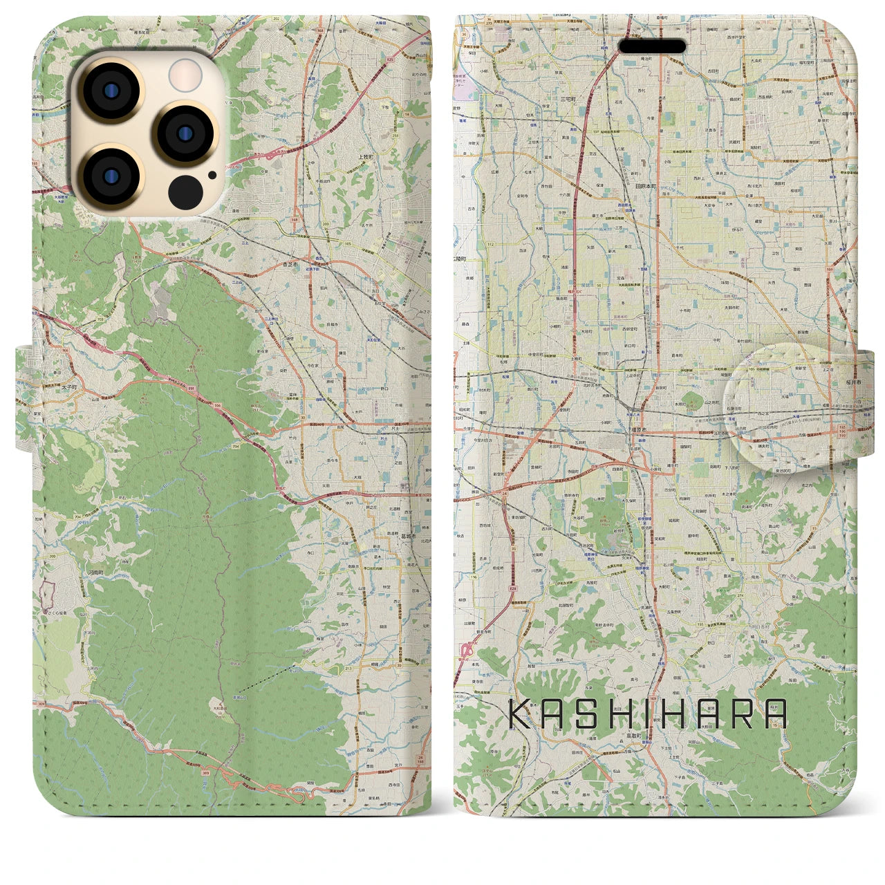 【橿原(奈良県)】地図柄iPhoneケース(手帳タイプ)ナチュラル・iPhone 12 Pro Max 用