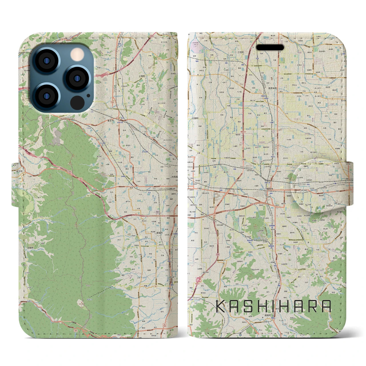 【橿原(奈良県)】地図柄iPhoneケース(手帳タイプ)ナチュラル・iPhone 12 / 12 Pro 用