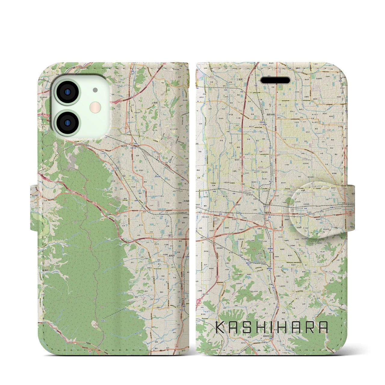 【橿原(奈良県)】地図柄iPhoneケース(手帳タイプ)ナチュラル・iPhone 12 mini 用
