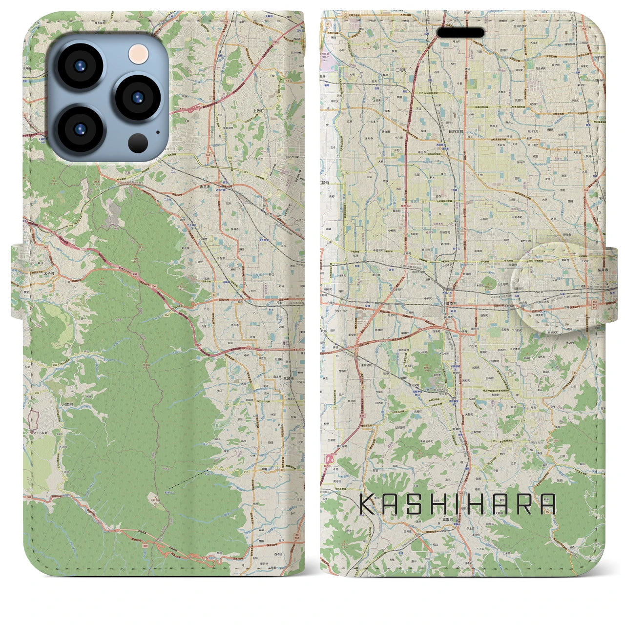 【橿原(奈良県)】地図柄iPhoneケース(手帳タイプ)ナチュラル・iPhone 13 Pro Max 用