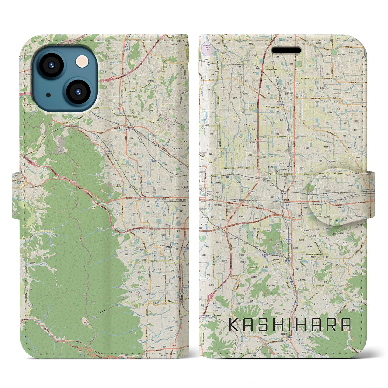 【橿原(奈良県)】地図柄iPhoneケース(手帳タイプ)ナチュラル・iPhone 13 用