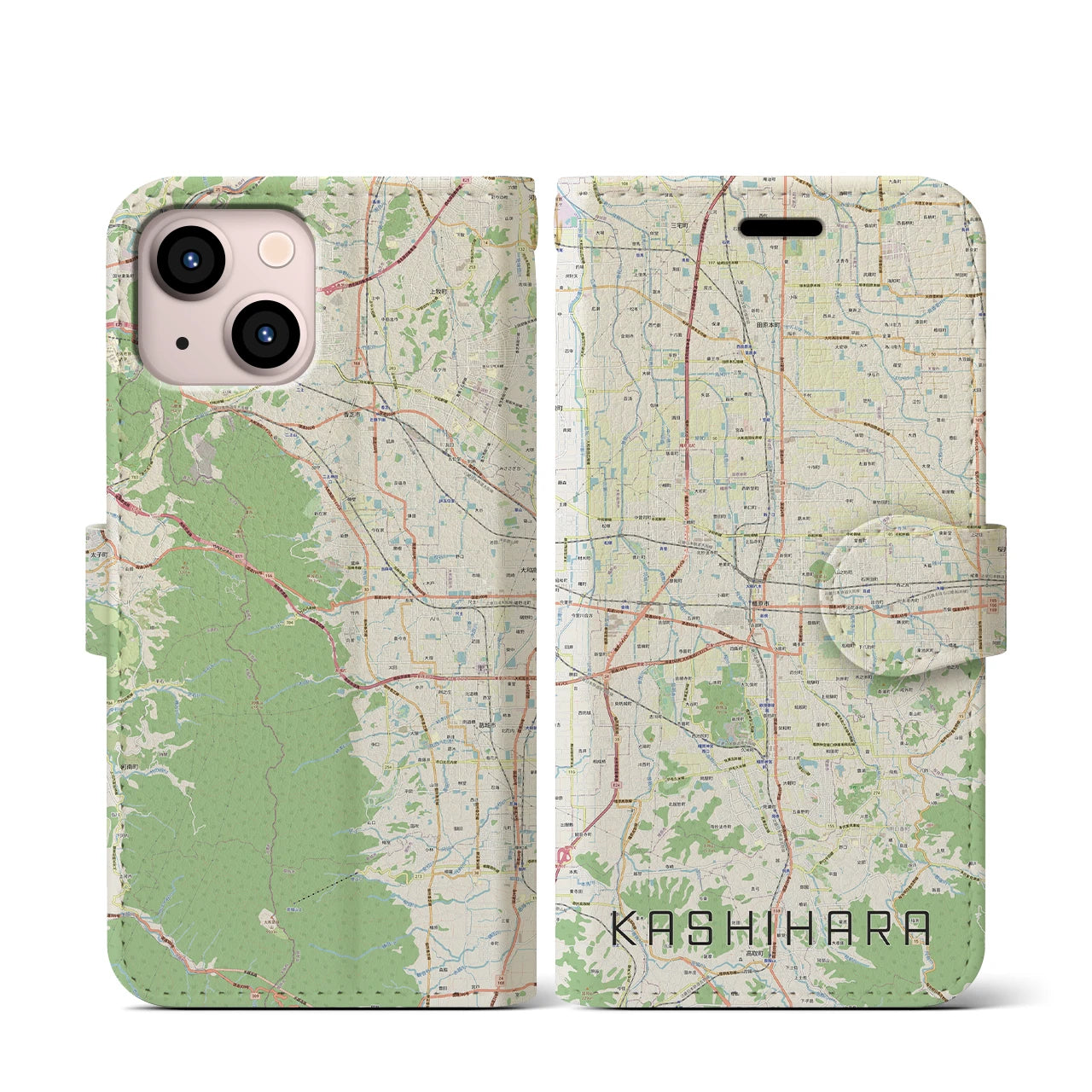 【橿原(奈良県)】地図柄iPhoneケース(手帳タイプ)ナチュラル・iPhone 13 mini 用