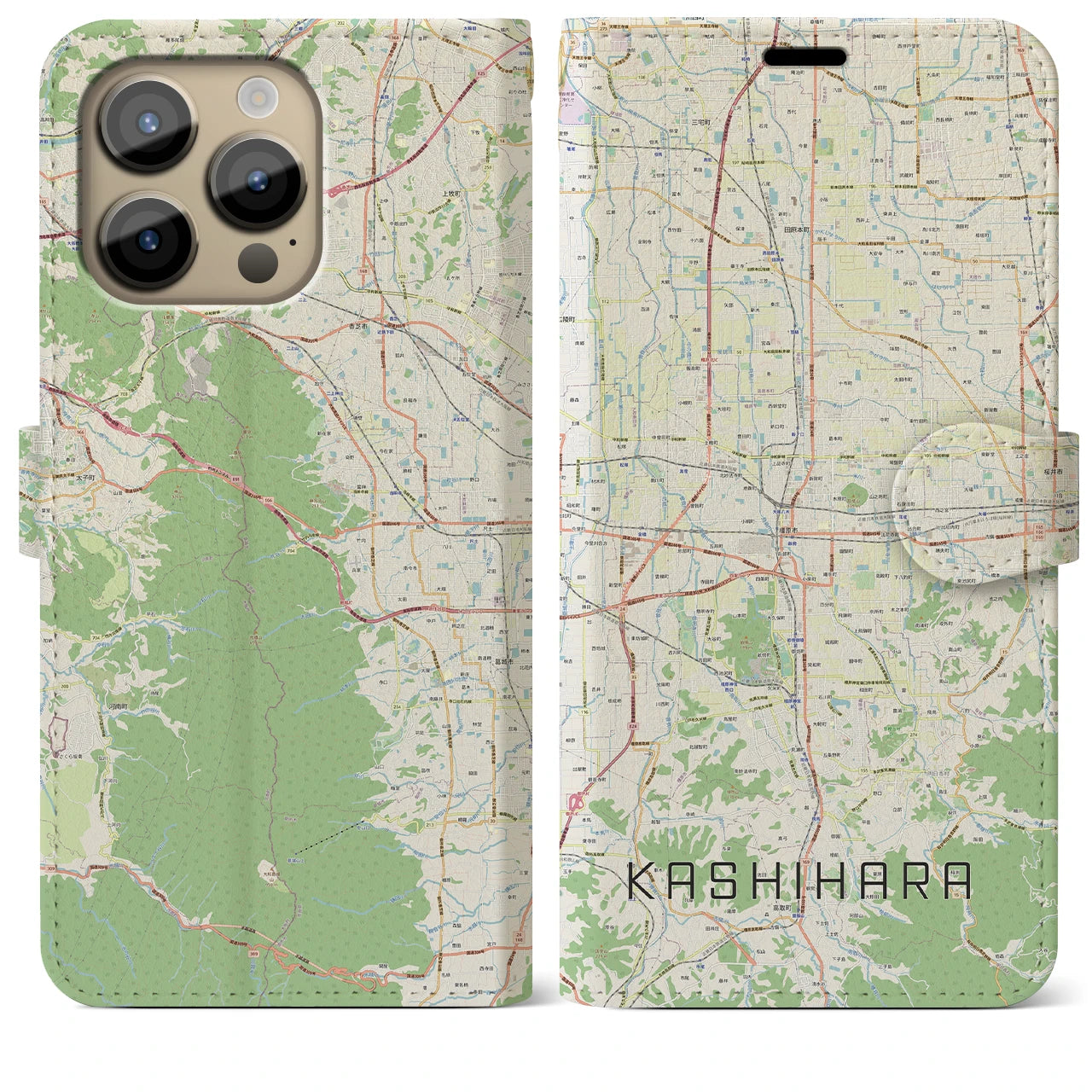 【橿原(奈良県)】地図柄iPhoneケース(手帳タイプ)ナチュラル・iPhone 14 Pro Max 用