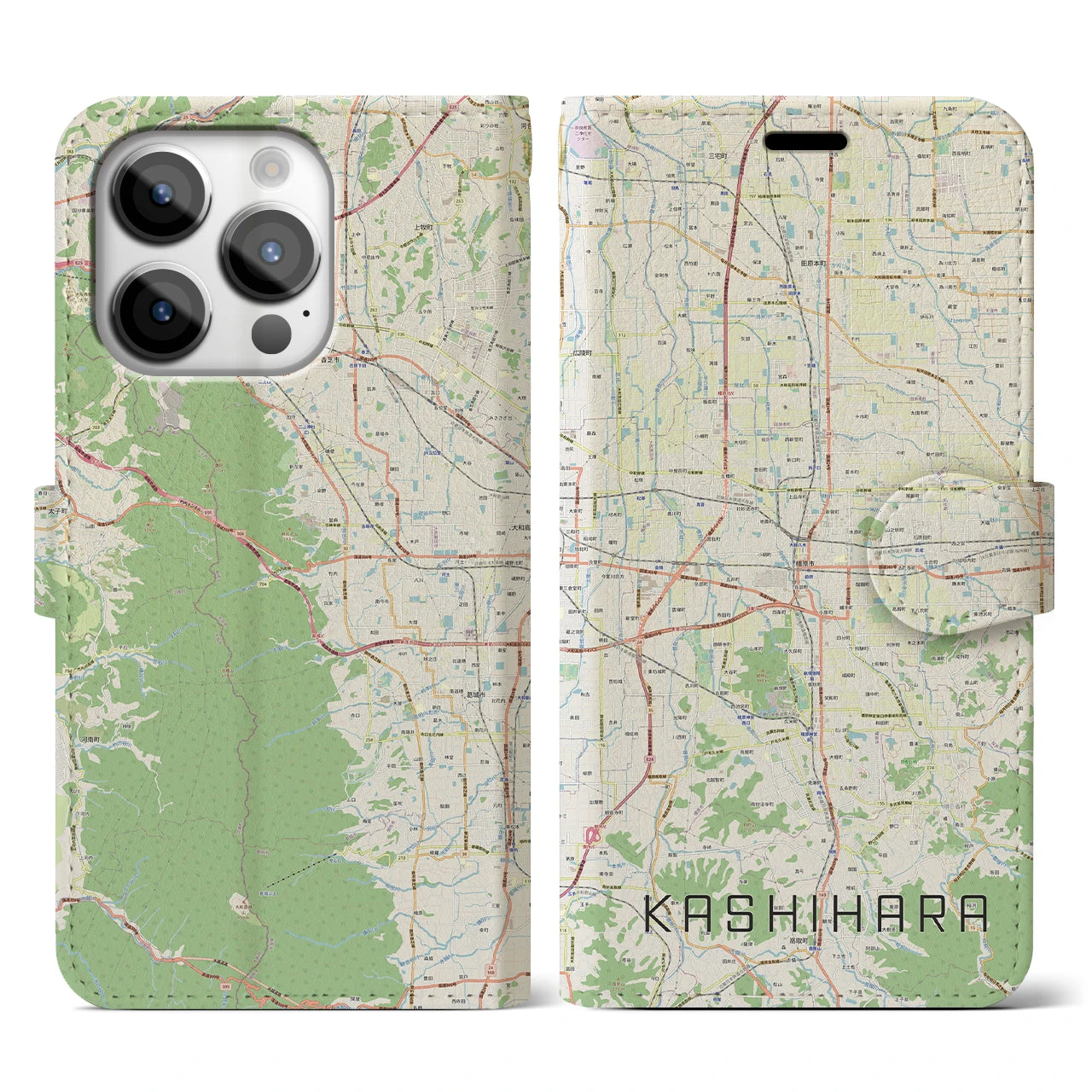 【橿原(奈良県)】地図柄iPhoneケース(手帳タイプ)ナチュラル・iPhone 14 Pro 用