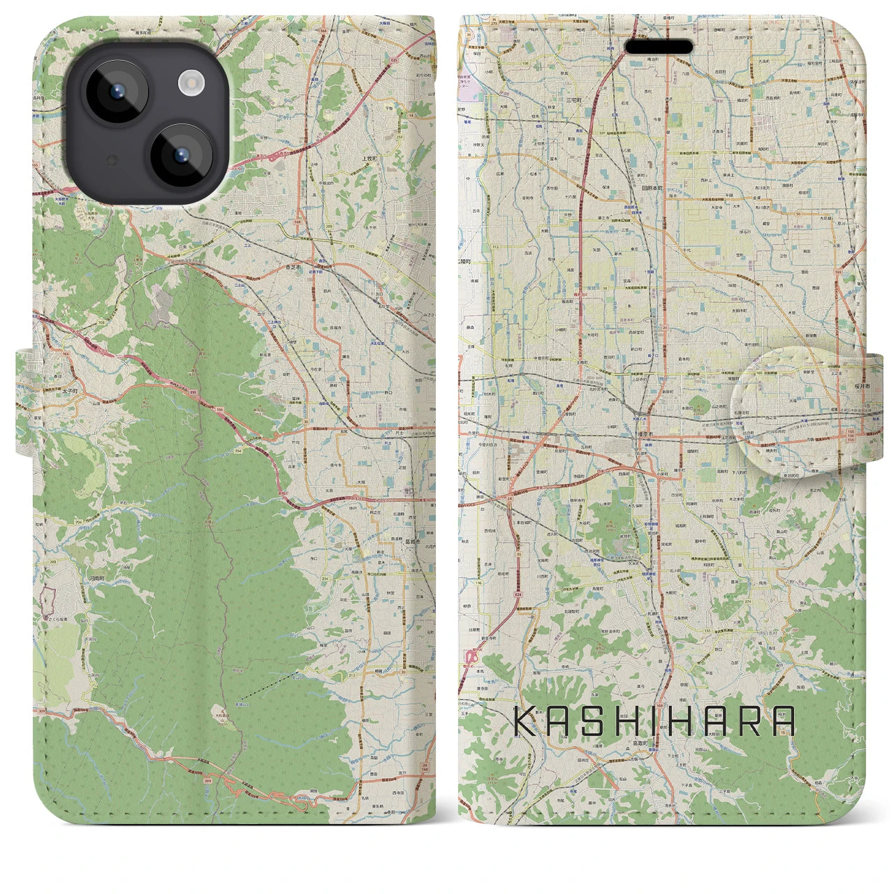 【橿原(奈良県)】地図柄iPhoneケース(手帳タイプ)ナチュラル・iPhone 14 Plus 用