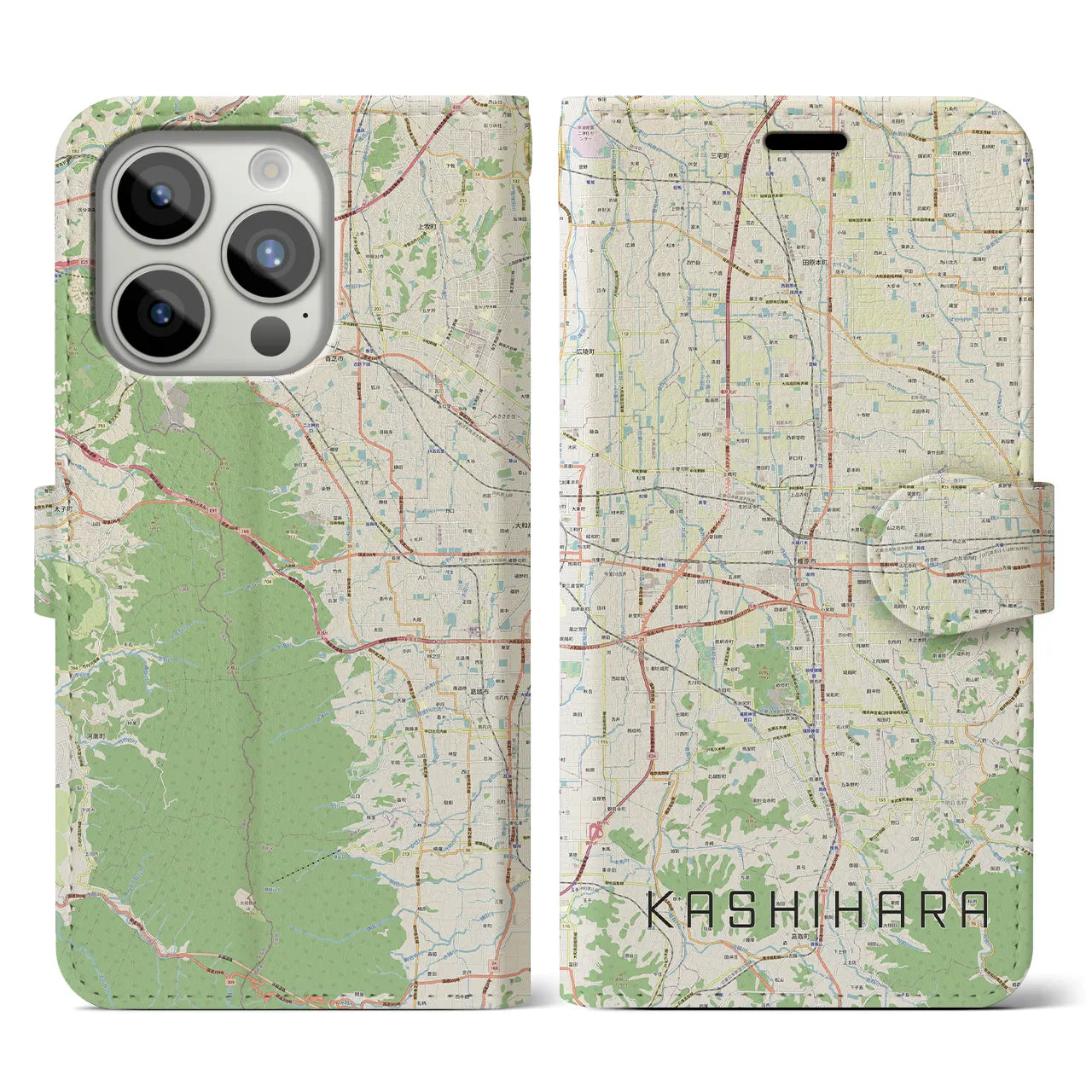 【橿原(奈良県)】地図柄iPhoneケース(手帳タイプ)ナチュラル・iPhone 15 Pro 用