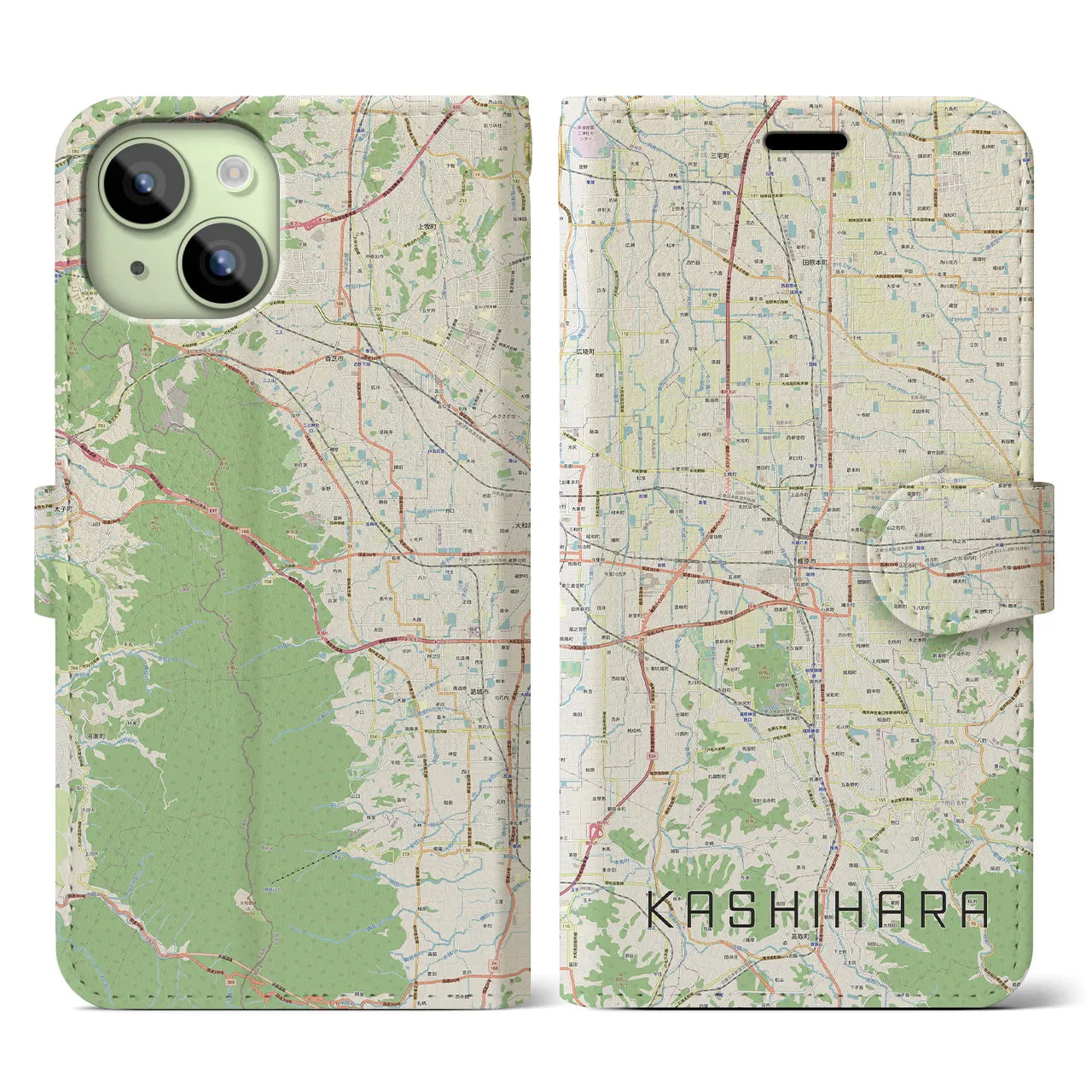 【橿原(奈良県)】地図柄iPhoneケース(手帳タイプ)ナチュラル・iPhone 15 用