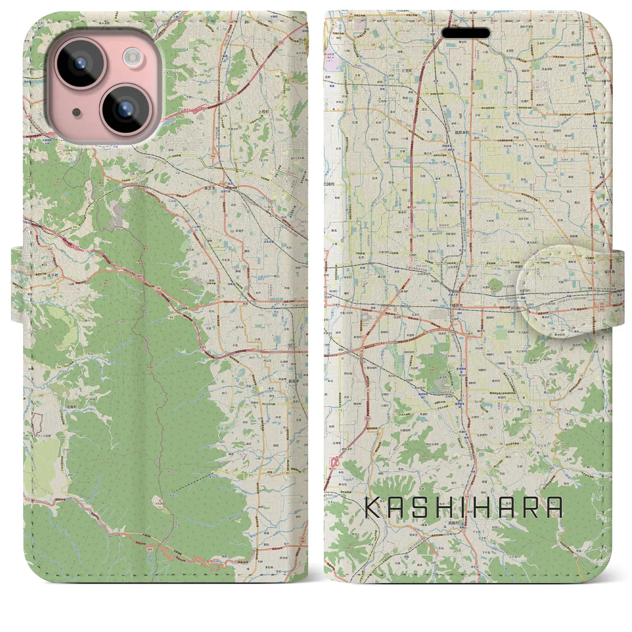 【橿原(奈良県)】地図柄iPhoneケース(手帳タイプ)ナチュラル・iPhone 15 Plus 用