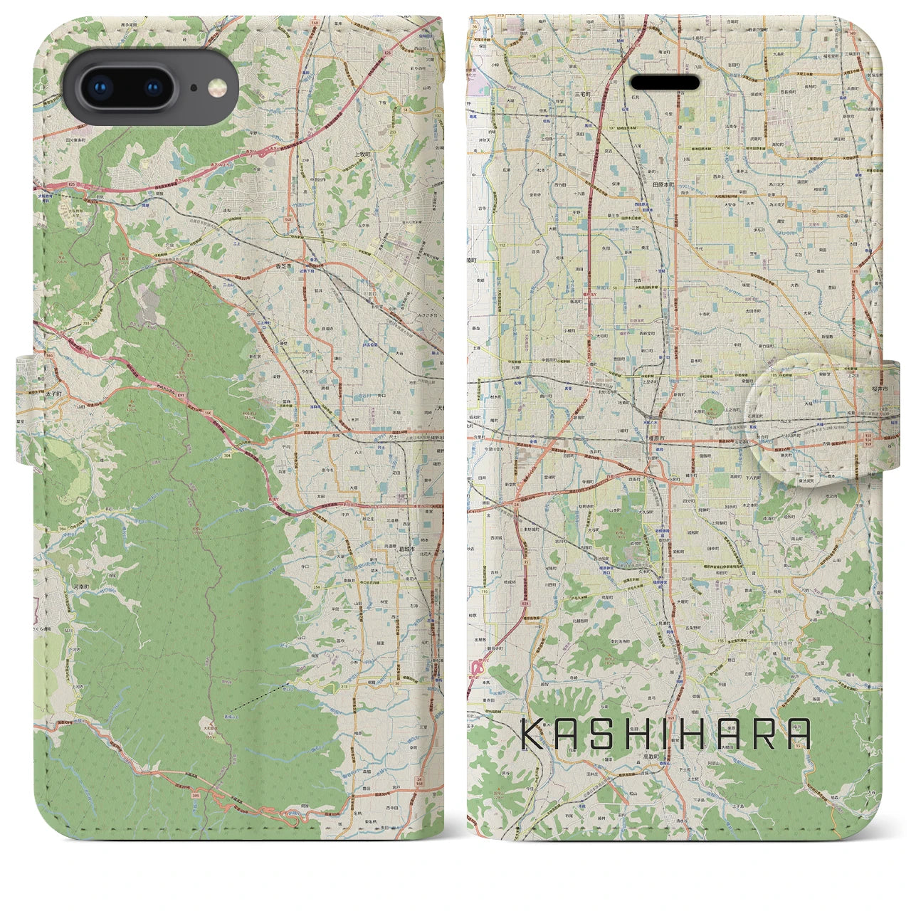 【橿原(奈良県)】地図柄iPhoneケース(手帳タイプ)ナチュラル・iPhone 8Plus /7Plus / 6sPlus / 6Plus 用