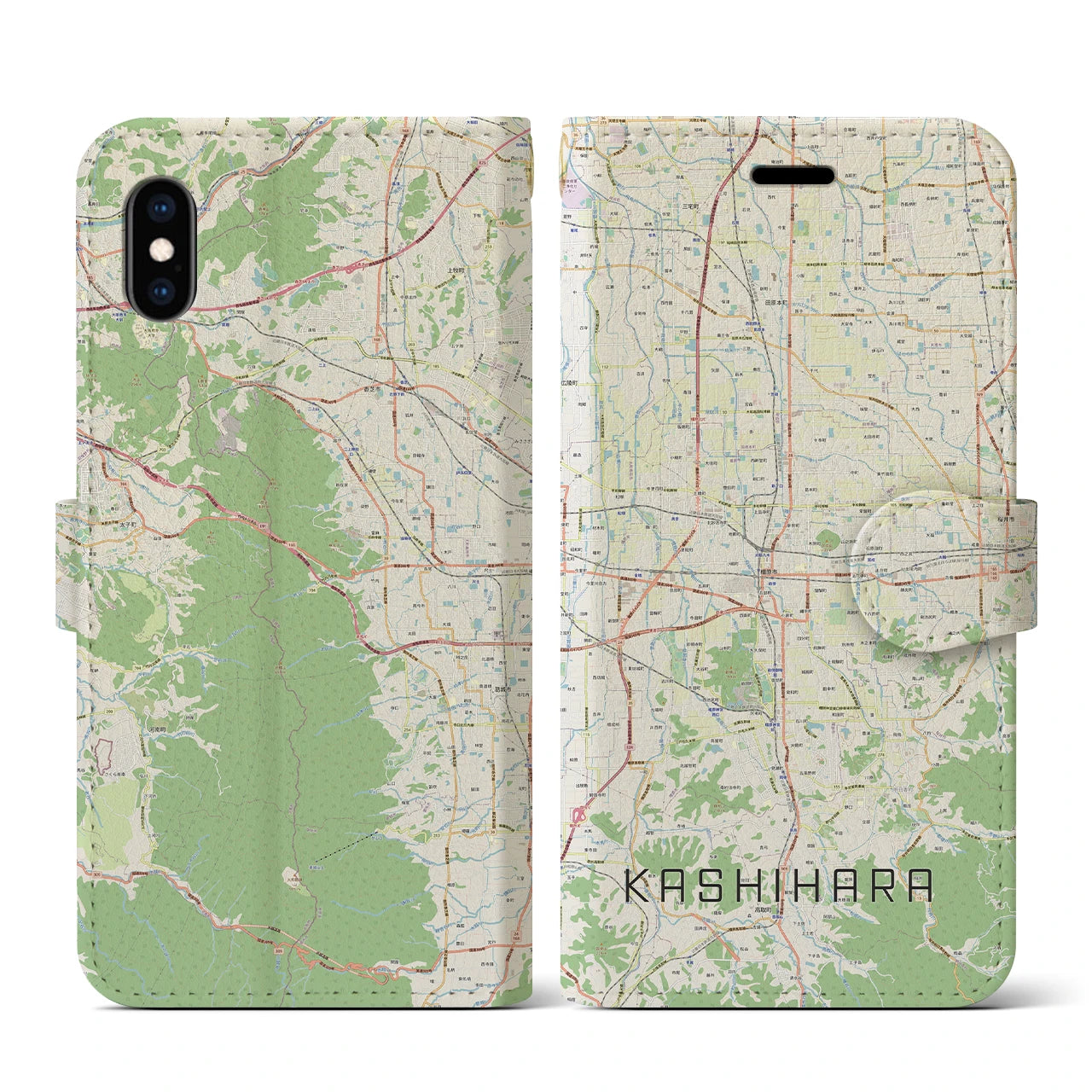 【橿原(奈良県)】地図柄iPhoneケース(手帳タイプ)ナチュラル・iPhone XS / X 用