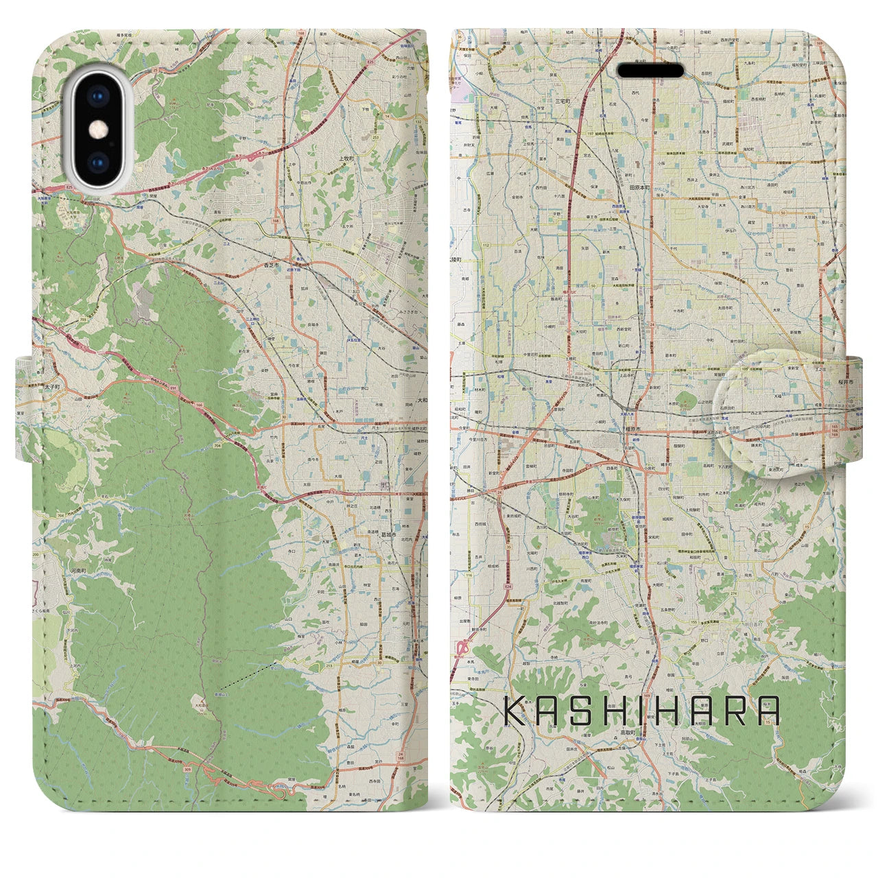 【橿原(奈良県)】地図柄iPhoneケース(手帳タイプ)ナチュラル・iPhone XS Max 用