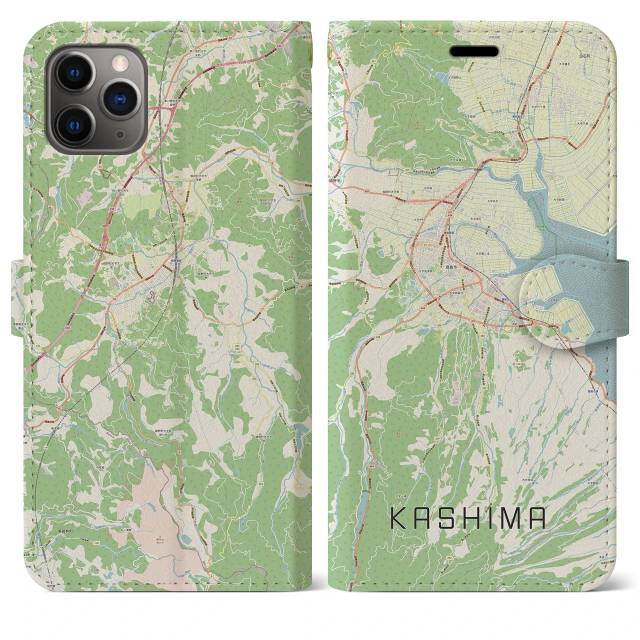 【鹿島(佐賀県)】地図柄iPhoneケース(手帳タイプ)ナチュラル・iPhone 11 Pro Max 用