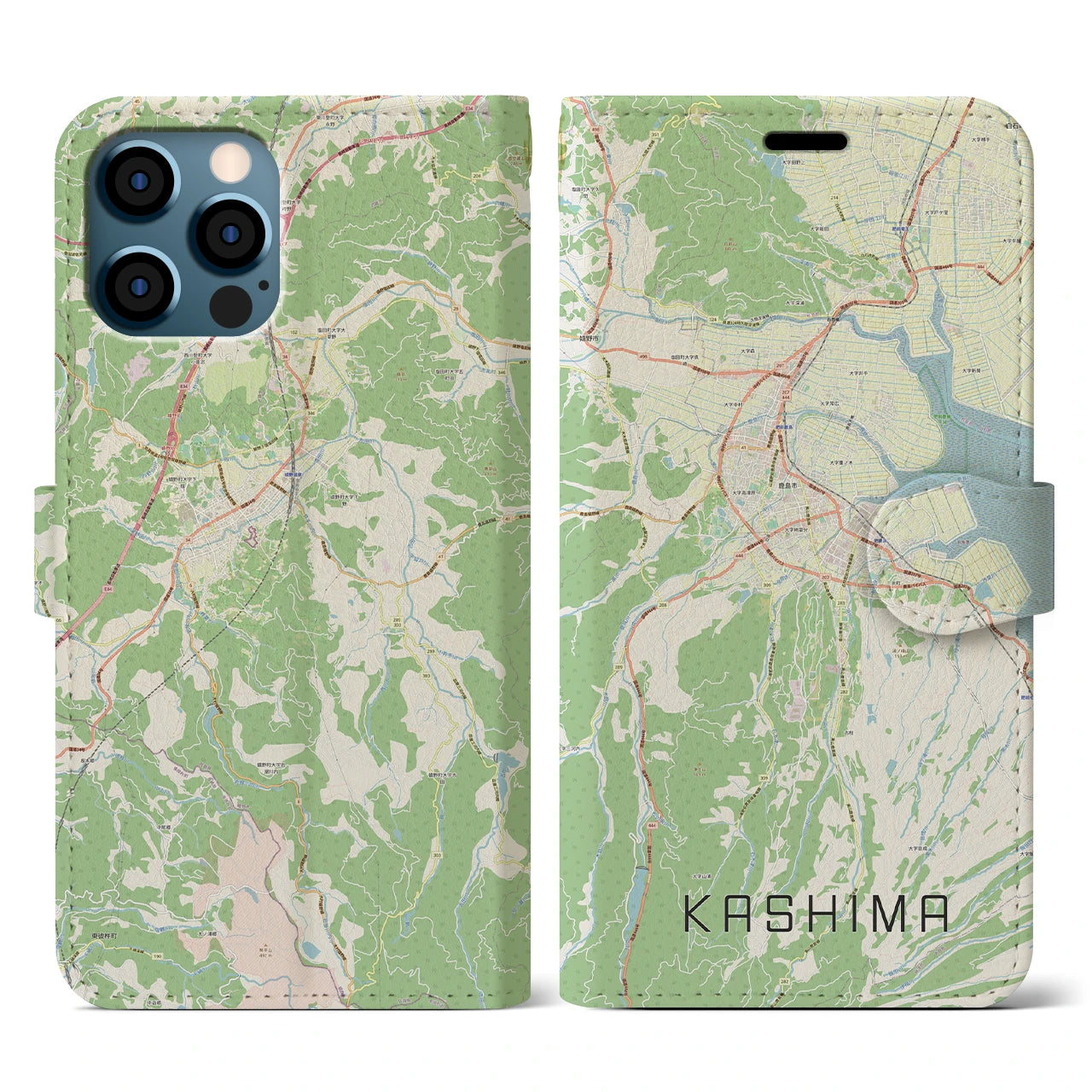 【鹿島(佐賀県)】地図柄iPhoneケース(手帳タイプ)ナチュラル・iPhone 12 / 12 Pro 用