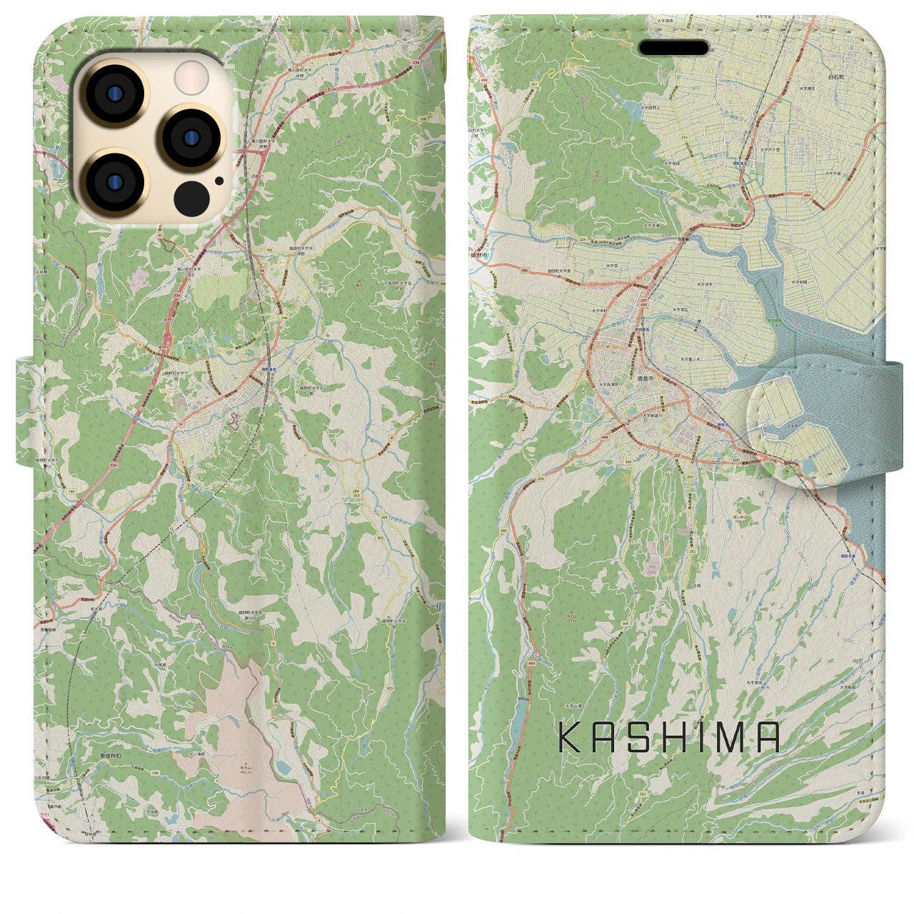 【鹿島(佐賀県)】地図柄iPhoneケース(手帳タイプ)ナチュラル・iPhone 12 Pro Max 用