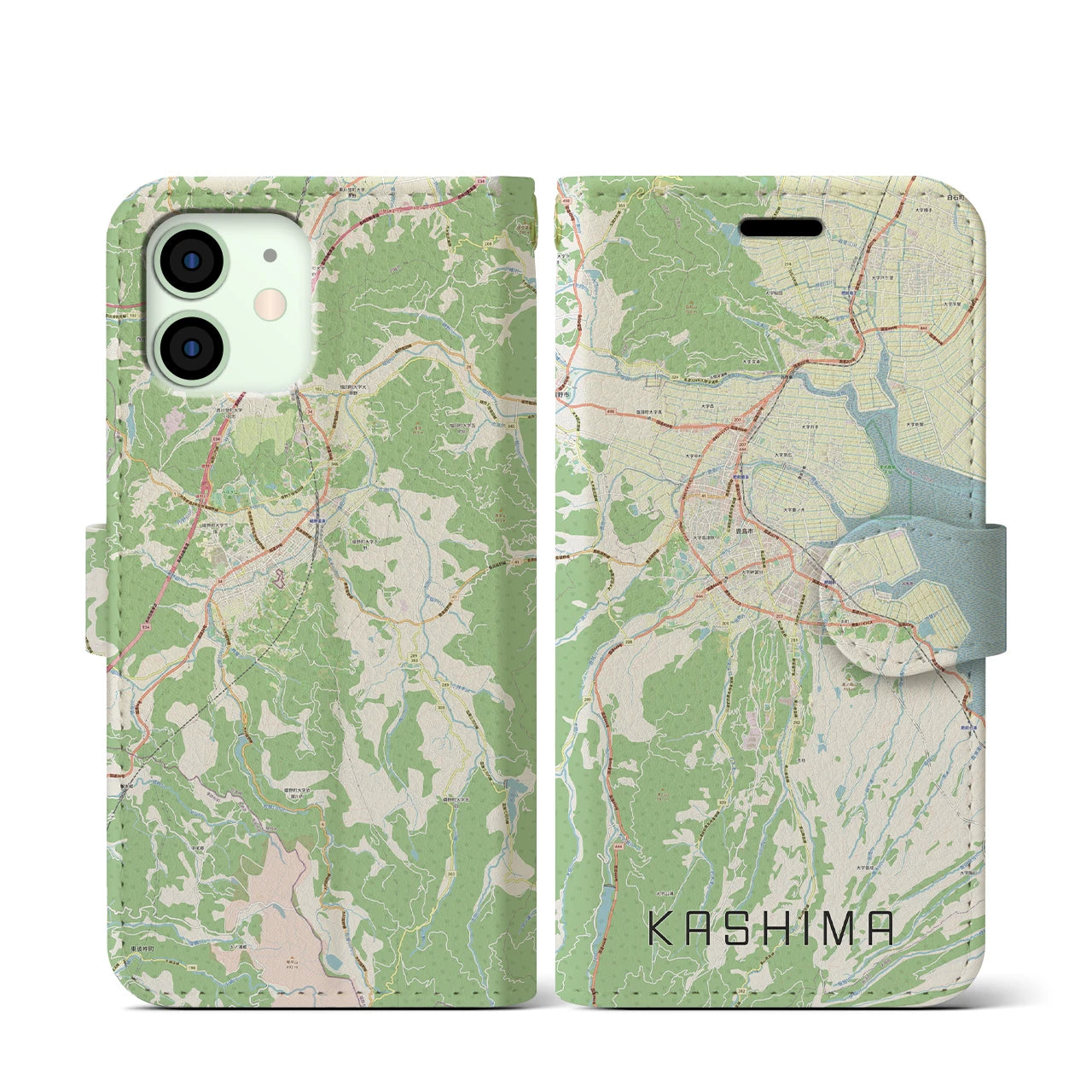 【鹿島(佐賀県)】地図柄iPhoneケース(手帳タイプ)ナチュラル・iPhone 12 mini 用