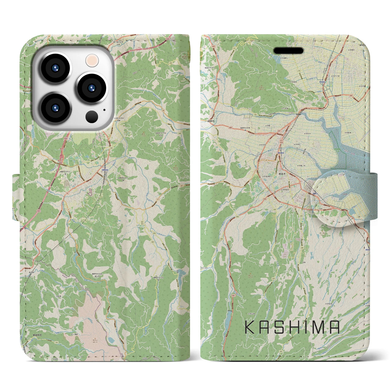【鹿島(佐賀県)】地図柄iPhoneケース(手帳タイプ)ナチュラル・iPhone 13 Pro 用