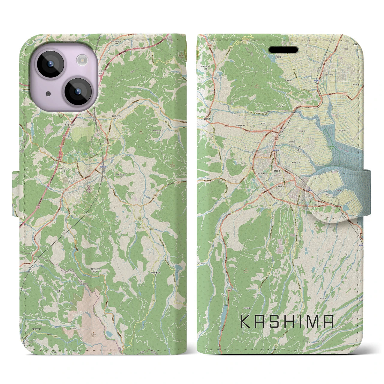 【鹿島(佐賀県)】地図柄iPhoneケース(手帳タイプ)ナチュラル・iPhone 14 用