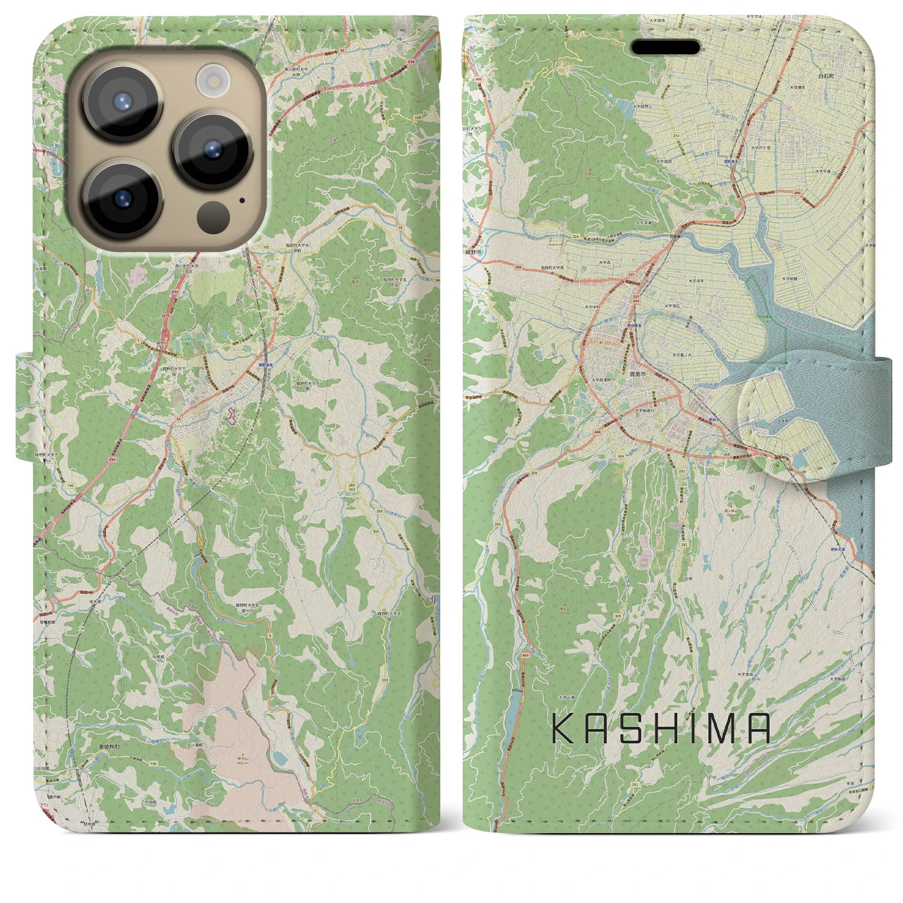 【鹿島(佐賀県)】地図柄iPhoneケース(手帳タイプ)ナチュラル・iPhone 14 Pro Max 用
