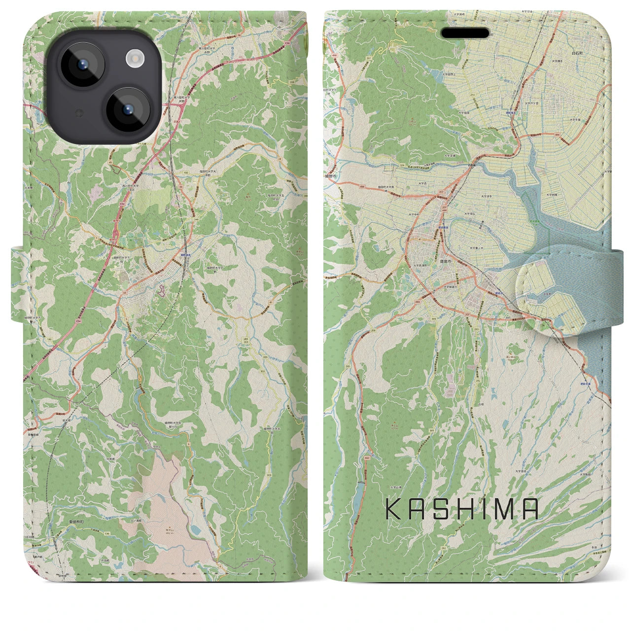 【鹿島(佐賀県)】地図柄iPhoneケース(手帳タイプ)ナチュラル・iPhone 14 Plus 用