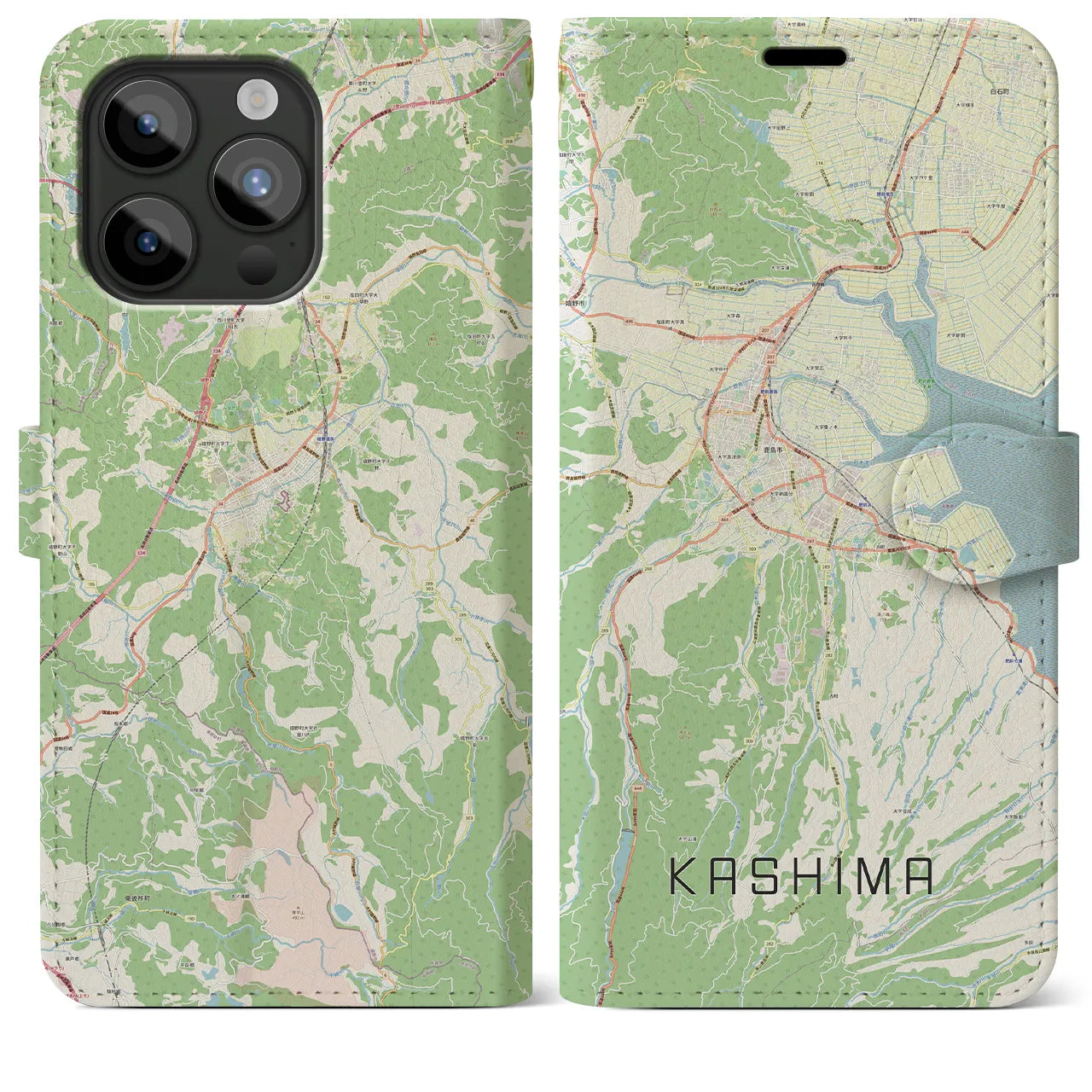 【鹿島(佐賀県)】地図柄iPhoneケース(手帳タイプ)ナチュラル・iPhone 15 Pro Max 用