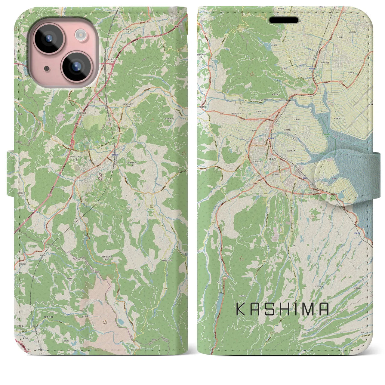 【鹿島(佐賀県)】地図柄iPhoneケース(手帳タイプ)ナチュラル・iPhone 15 Plus 用