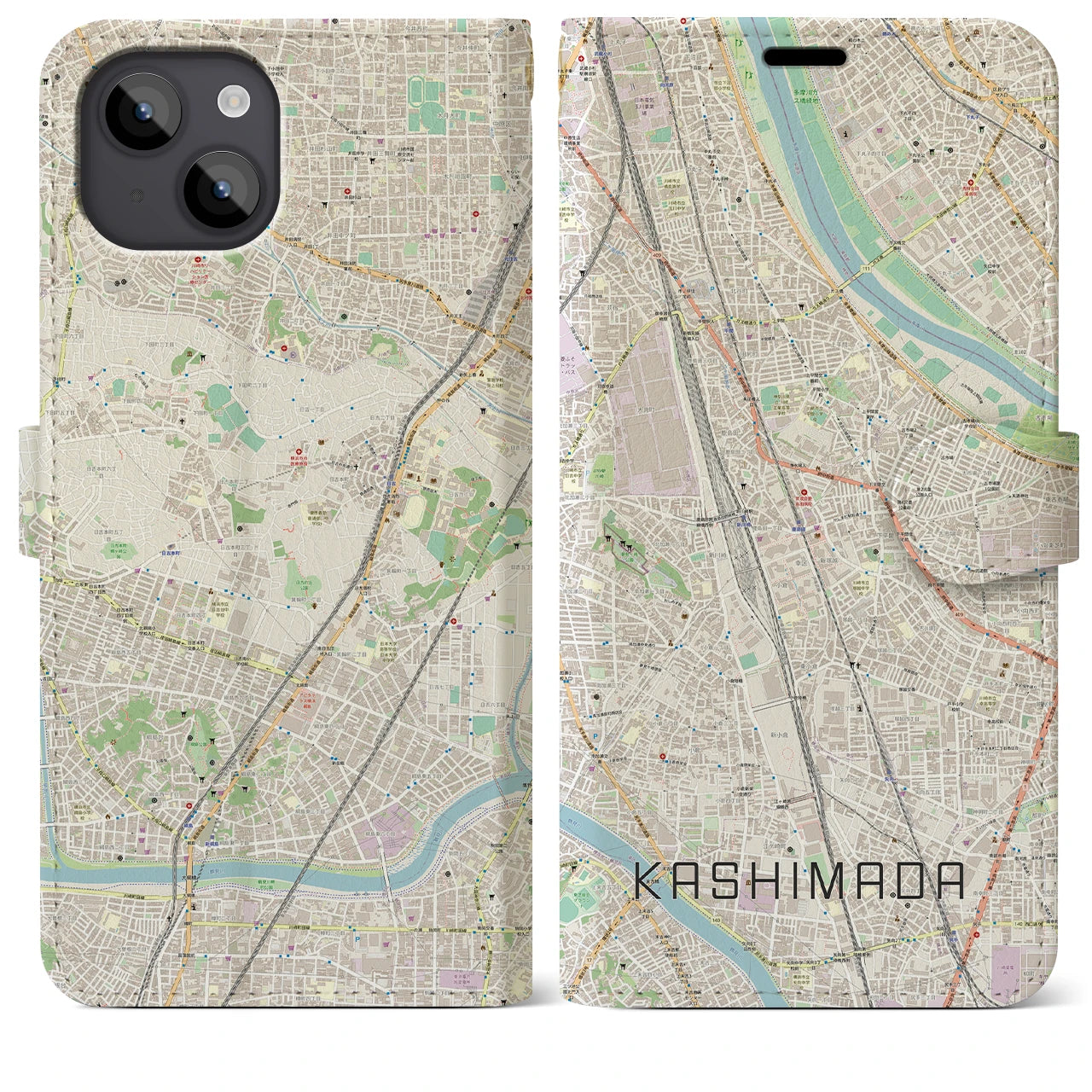 【鹿島田(神奈川県)】地図柄iPhoneケース(手帳タイプ)ナチュラル・iPhone 14 Plus 用