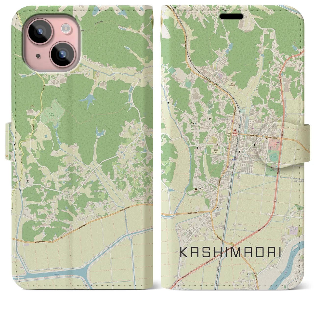 【鹿島台(宮城県)】地図柄iPhoneケース(手帳タイプ)ナチュラル・iPhone 15 Plus 用